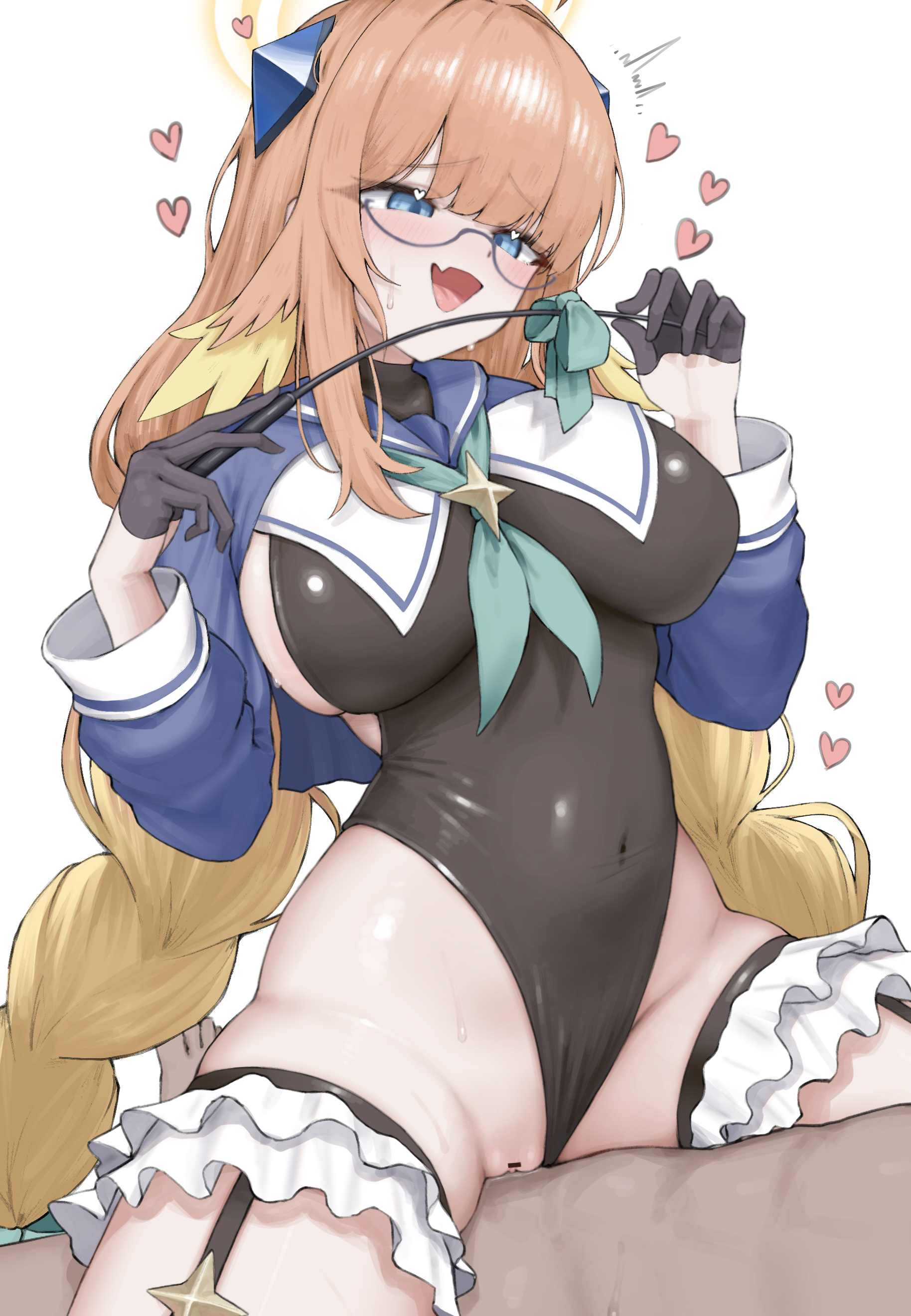 rainbow goreinu, shimiko (blue archive), shimiko (magical) (blue archive), blue archive, absurdres, commentary, highres, 1boy, 1girl, aqua neckerchief, bar censor, black gloves, black leotard, blonde hair, blue-framed eyewear, blue eyes, blue shrug, blunt bangs, blush, braid, braided twintails, breasts, censored, clothed sex, clothing aside, covered navel, cowboy shot, cowgirl position, fang, feather hair, frilled thigh strap, furrowed brow, girl on top, glasses, gloves, half gloves, halo, heart, heart in eye, hetero, highleg, highleg leotard, holding, holding riding crop, large breasts, leotard, leotard aside, long hair, looking at another, low twin braids, multicolored hair, neckerchief, official alternate costume, open mouth, orange hair, pussy, riding crop, semi-rimless eyewear, sex, shrug (clothing), sideless leotard, sidelocks, simple background, skin fang, skin tight, smile, solo focus, straddling, sweat, symbol in eye, thigh strap, twin braids, two-tone hair, vaginal, very long hair, white background, yellow halo
