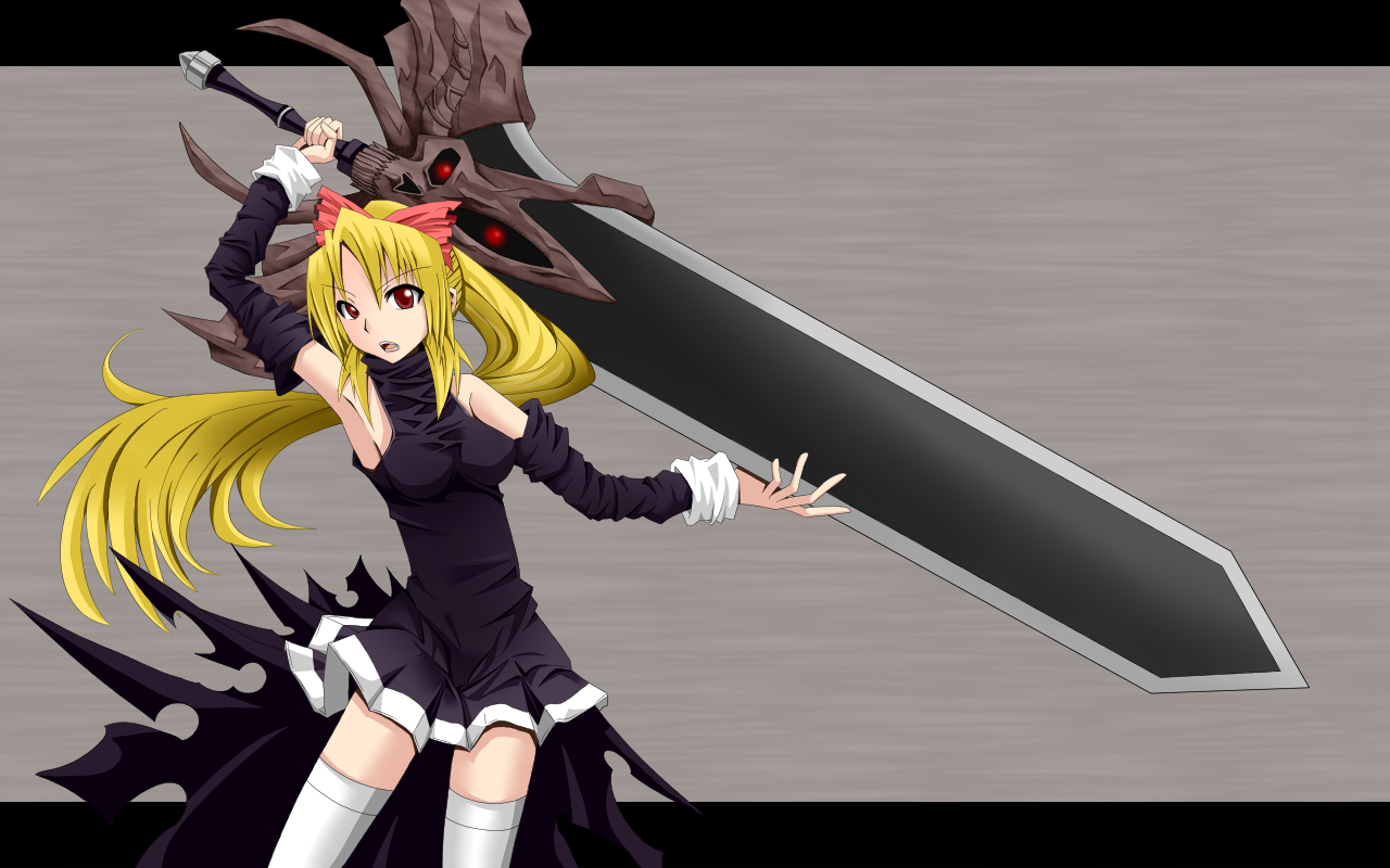 macha, seto (needless), needless, 1girl, blonde hair, bow, detached sleeves, dress, elbow gloves, female focus, gloves, huge weapon, ponytail, solo, sword, thighhighs, weapon, zettai ryouiki