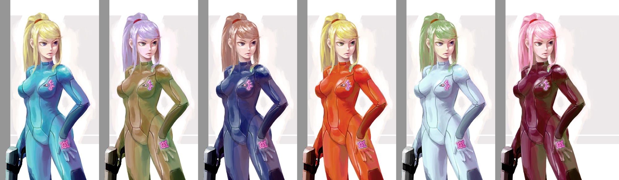 bearclaw, samus aran, metroid, nintendo, warhol, highres, long image, wide image, 1girl, alternate hair color, blonde hair, blue bodysuit, bodysuit, brown hair, fine art parody, green hair, palette swap, parody, pink hair, purple hair, variations, zero suit
