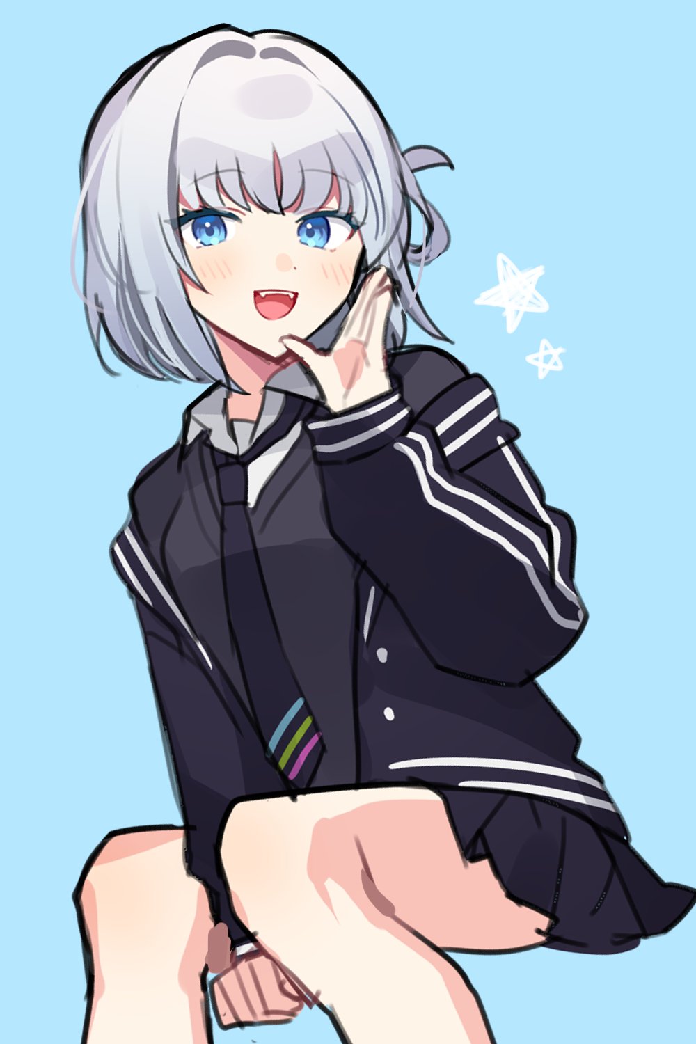 waka (wk4444), nanase suzuna, nijisanji, virtual talent academy, commentary request, highres, 1girl, black jacket, black necktie, black skirt, black sweater vest, blue background, blue hair, bob cut, buttons, collared shirt, fangs, feet out of frame, hair rings, hand up, invisible chair, jacket, looking at viewer, medium hair, necktie, open mouth, pleated skirt, school uniform, shirt, single hair ring, sitting, skirt, smile, solo, star (symbol), sweater vest, virtual talent academy school uniform, virtual youtuber, white shirt
