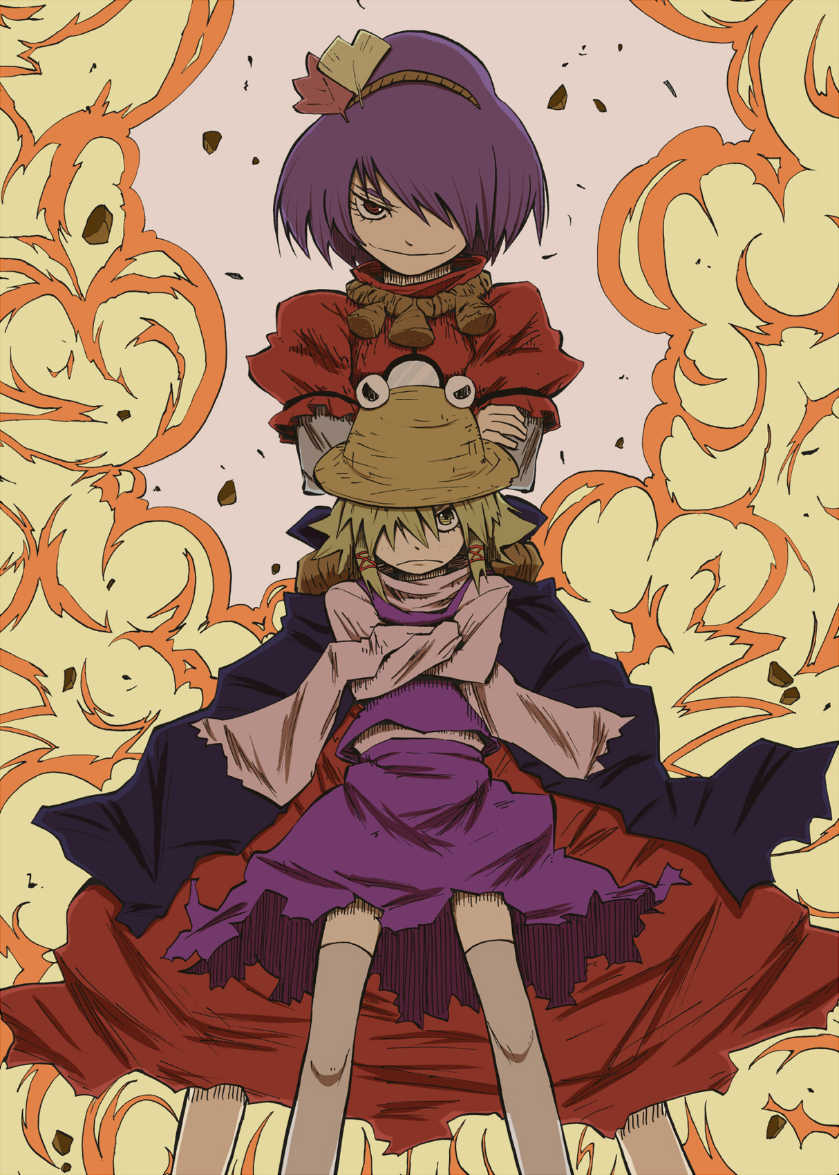 karu (ishiken), moriya suwako, yasaka kanako, touhou, highres, mixed media, 2girls, blonde hair, explosion, female focus, hair ornament, hat, kneehighs, leaf, leaf hair ornament, multiple girls, parody, purple hair, short hair, socks