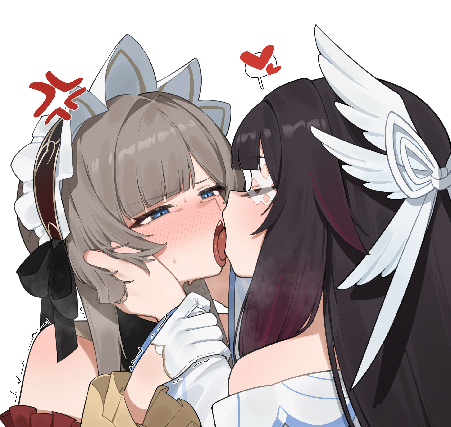 flasso, columbina (genshin impact), sandrone (genshin impact), genshin impact, commentary request, highres, 2girls, anger vein, black hair, blue eyes, blush, closed eyes, eye mask, french kiss, gloves, grey hair, head wings, holding another's wrist, kiss, long hair, mask, multiple girls, simple background, tongue, tongue out, trembling, upper body, white background, white gloves, white headdress, white mask, white wings, wings, x-shaped eyewear, yuri
