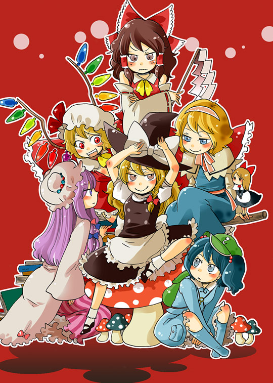 mashuu masaki, alice margatroid, flandre scarlet, hakurei reimu, kawashiro nitori, kirisame marisa, patchouli knowledge, shanghai doll, touhou, 6+girls, angry, apron, arms up, ascot, backpack, bag, bare shoulders, blonde hair, blue eyes, blue hair, blush, book, book stack, boots, bow, brown eyes, brown hair, capelet, crossed arms, detached sleeves, fang, female focus, gohei, hair bobbles, hair bow, hair ornament, hair tubes, hairband, harem, hat, hat ribbon, key, knees, long hair, mary janes, mob cap, multiple girls, mushroom, open mouth, purple eyes, purple hair, red eyes, ribbon, rubber boots, shoes, sitting, skirt, smile, socks, standing, twintails, v arms, waist apron, wavy mouth, wings, witch hat