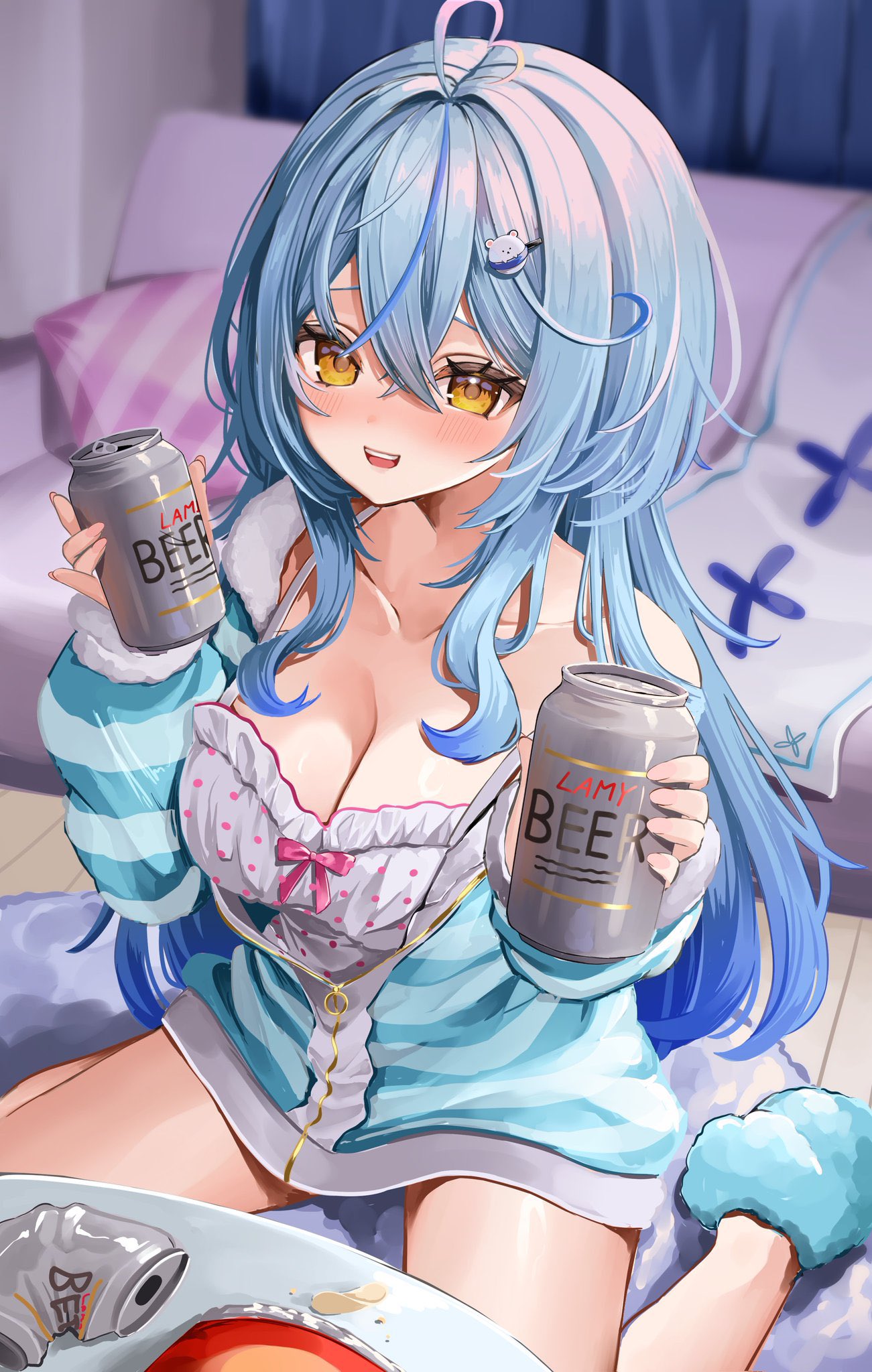 ohagetty, yukihana lamy, yukihana lamy (roomwear), hololive, commentary request, highres, 1girl, :d, ahoge, beer can, blue hair, blue jacket, blurry, blurry background, blush, breasts, camisole, can, cleavage, crossed bangs, double-parted bangs, drink can, frilled camisole, frills, fur-trimmed jacket, fur trim, hair between eyes, hands up, heart, heart ahoge, holding, holding can, incoming drink, indoors, jacket, large breasts, long hair, looking at viewer, multicolored hair, official alternate costume, official alternate hairstyle, on floor, open mouth, partially unzipped, polka dot camisole, sidelocks, sitting, slippers, smile, solo, streaked hair, striped clothes, striped jacket, teeth, upper teeth only, very long hair, virtual youtuber, wariza, white camisole, yellow eyes