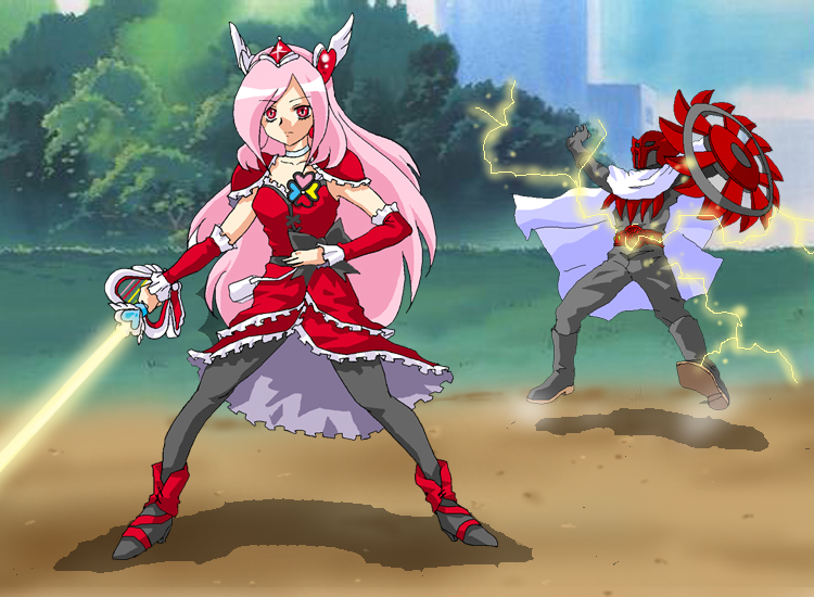 kou-oboro, apollo geist, cure passion, higashi setsuna, fresh precure!, kamen rider, kamen rider black rx (series), kamen rider dcd, kamen rider x (series), precure, 1boy, 1girl, bow, choker, crossover, energy sword, hair ornament, heart, heart hair ornament, lightsaber, magical girl, pantyhose, parody, shield, sword, waist bow, weapon, white choker