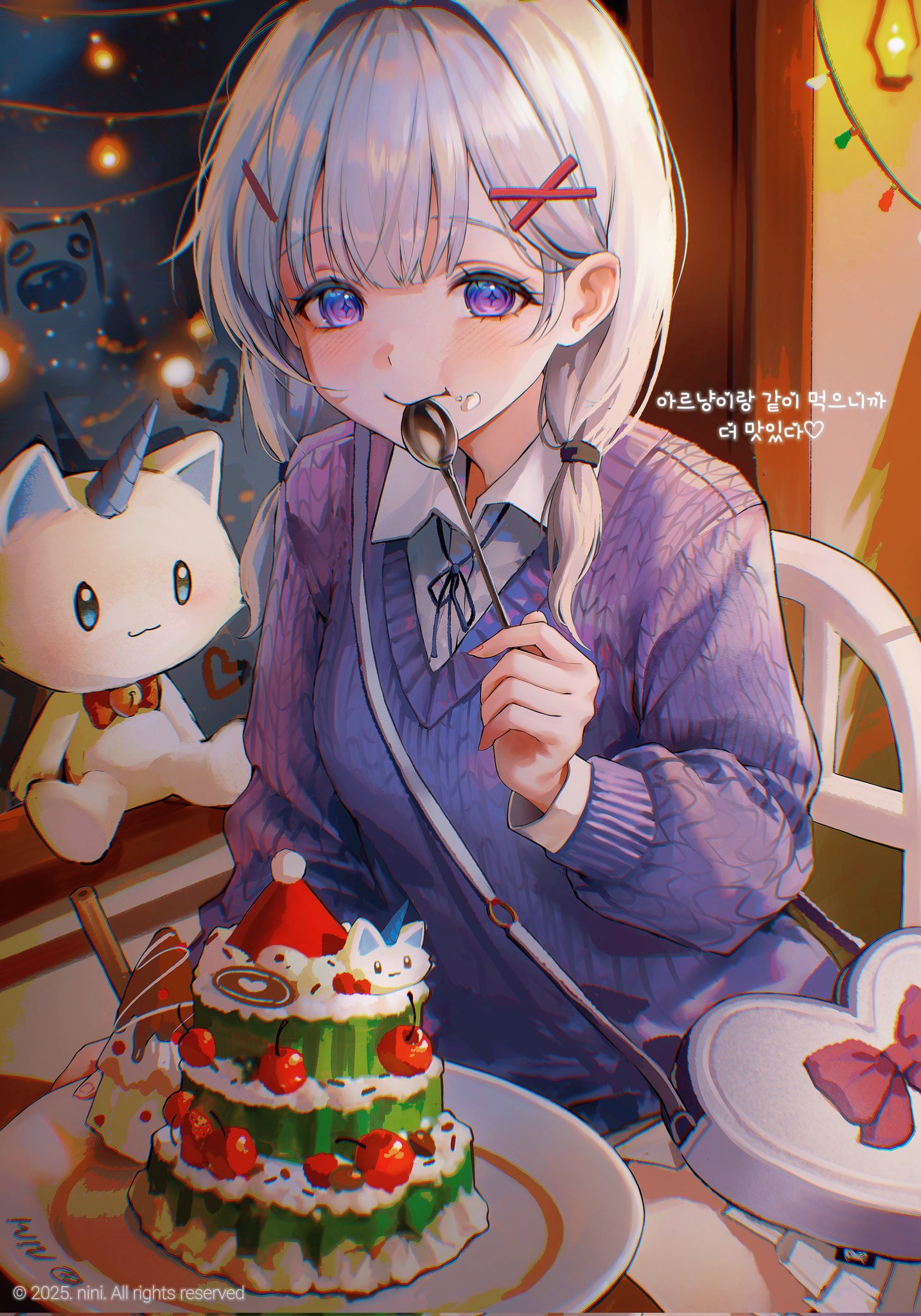n1n1, ayatsuno yuni, stellive, commentary, corrupted twitter file, highres, symbol-only commentary, translation request, 1girl, arnyang (ayatsuno yuni), black ribbon, blue sweater, blush, cake, chair, closed mouth, copyright notice, food, food on face, grey hair, hair ornament, hand up, heart-shaped bag, holding, holding spoon, indoors, korean text, long hair, long sleeves, looking at viewer, low-tied long hair, neck ribbon, night, on chair, plate, purple eyes, ribbon, sitting, solo, spoon, stuffed toy, sweater, v-neck, virtual youtuber, window, wing collar, x hair ornament