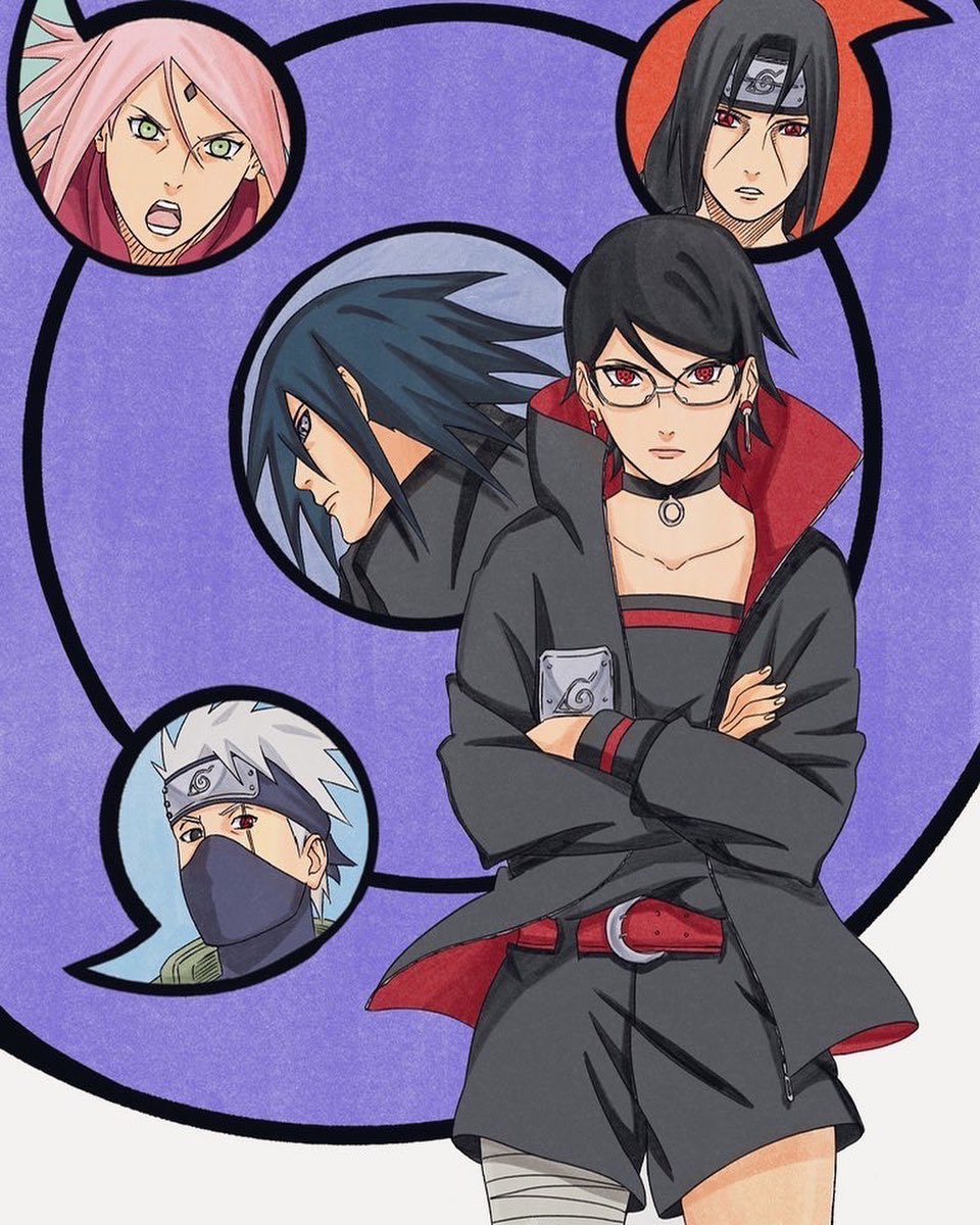 brentonsart, haruno sakura, hatake kakashi, uchiha itachi, uchiha sarada, uchiha sasuke, boruto: two blue vortex, naruto (series), commentary, english commentary, highres, 2girls, 3boys, bandaged leg, bandages, belt, black choker, black eyes, black hair, black headband, black jacket, black romper, choker, crossed arms, earrings, facial mark, forehead mark, forehead protector, glasses, green eyes, headband, heterochromia, jacket, jewelry, konohagakure symbol, mangekyou sharingan, mask, mouth mask, multiple boys, multiple girls, open mouth, pink hair, red belt, red eyes, rinnegan, romper, scar, scar across eye, scar on face, serious, sharingan, short hair, uchiha symbol, white hair