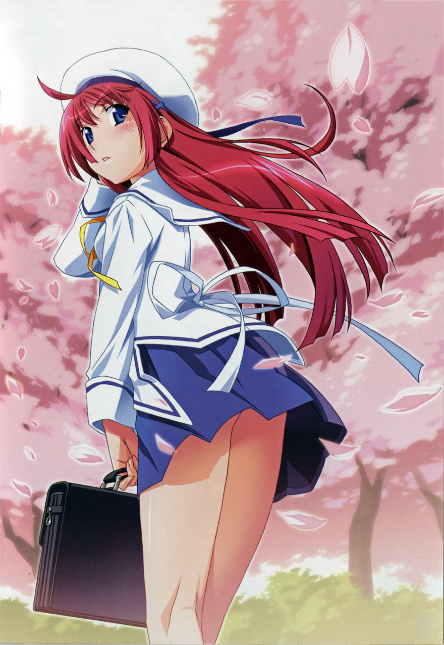 watanabe akio, shirakawa kotori, da capo, da capo i, highres, 00s, 1girl, blue eyes, blush, cherry blossoms, female focus, hat, red hair, school uniform, solo
