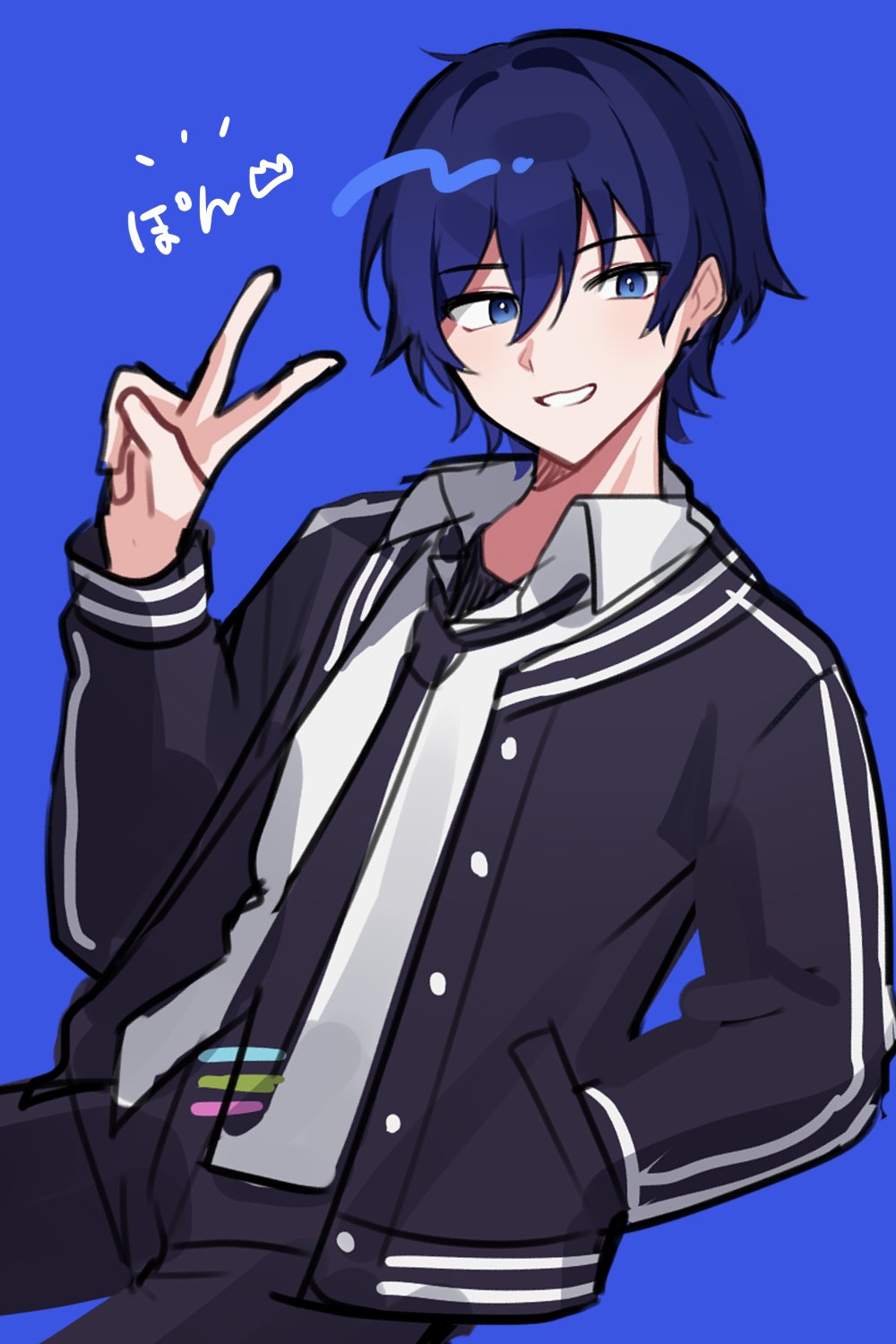 waka (wk4444), hiyama ritsu, nijisanji, virtual talent academy, commentary request, highres, 1boy, black jacket, black necktie, black pants, blue eyes, blue hair, buttons, collared shirt, cowboy shot, hair between eyes, hand in pocket, jacket, looking at viewer, male focus, necktie, open clothes, open jacket, pants, parted lips, school uniform, shirt, short hair, smile, solo, standing, v, virtual talent academy school uniform, virtual youtuber, white shirt