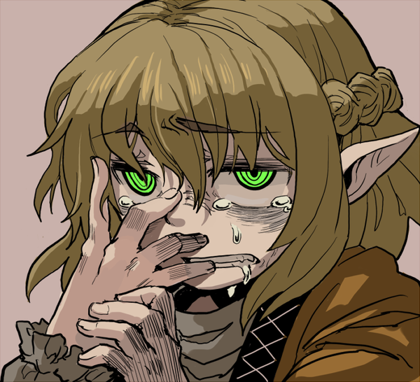 kirusu, mizuhashi parsee, touhou, artist request, bad id, bad pixiv id, 1girl, blonde hair, crying, crying with eyes open, female focus, green eyes, half updo, pointy ears, portrait, sad, short hair, solo, tears, teeth