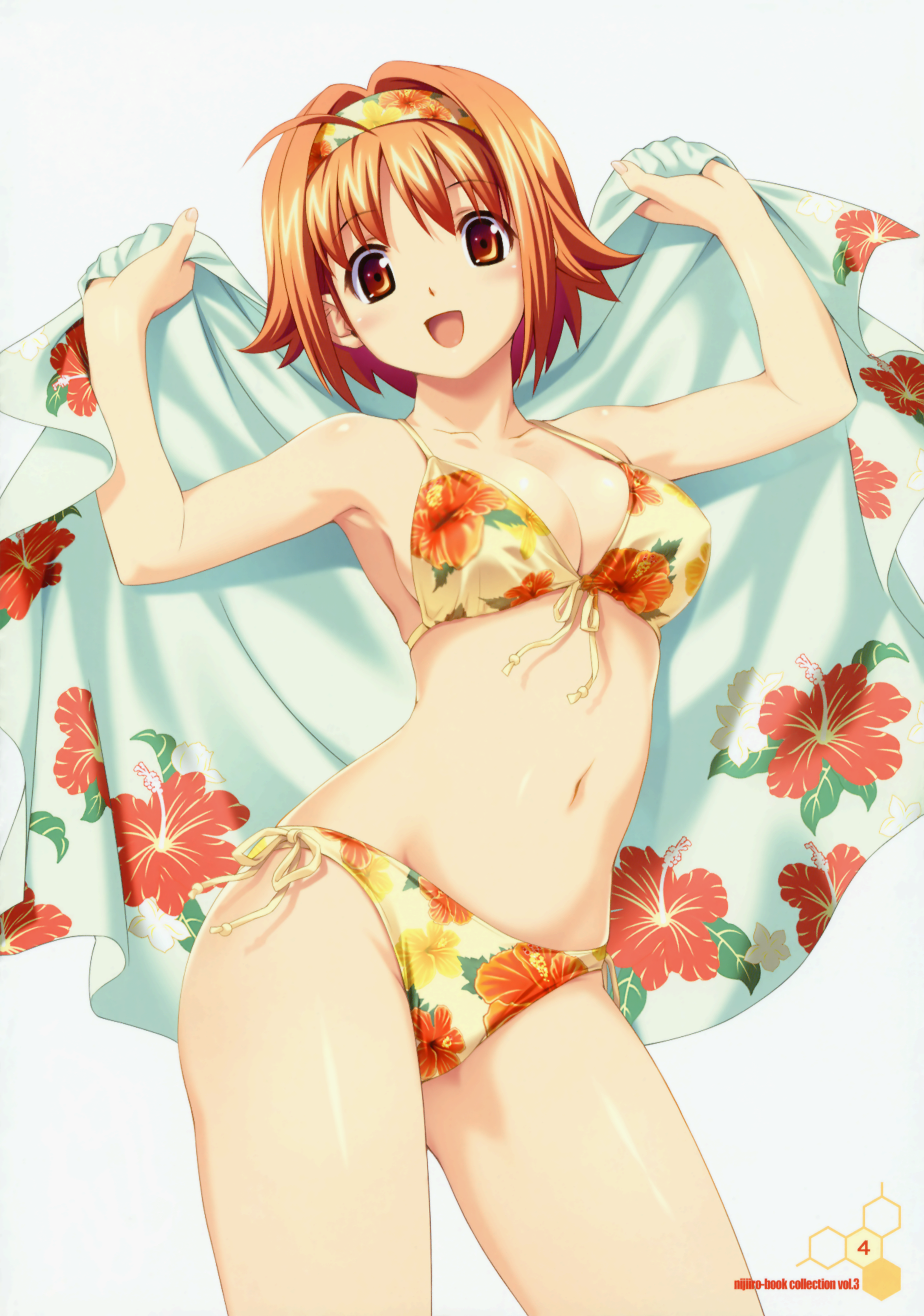 koutaro, absurdres, highres, 1girl, :d, ahoge, arms up, bikini, breasts, cleavage, cowboy shot, female focus, floral print, flower, front-tie top, hairband, navel, open mouth, open towel, print bikini, short hair, side-tie bikini bottom, simple background, smile, solo, string bikini, swimsuit, towel