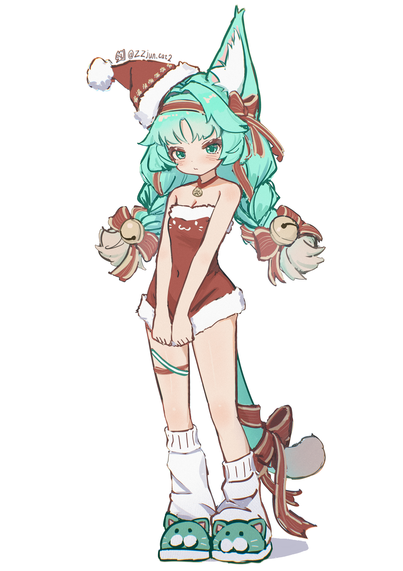 chack520, original, commentary, highres, symbol-only commentary, 1girl, animal ear fluff, animal ears, animal slippers, arms at sides, bell, blush, braid, braided twintails, breasts, cat ears, cat girl, cat tail, cleavage, closed mouth, covered navel, dot nose, dress, dress tug, full body, fur-trimmed dress, fur trim, green eyes, green hair, hair bell, hair ornament, hat, long hair, loose socks, microdress, red dress, ribbon, santa hat, simple background, slippers, socks, solo, standing, strapless, strapless dress, tail, tail ornament, tail ribbon, white background, white socks