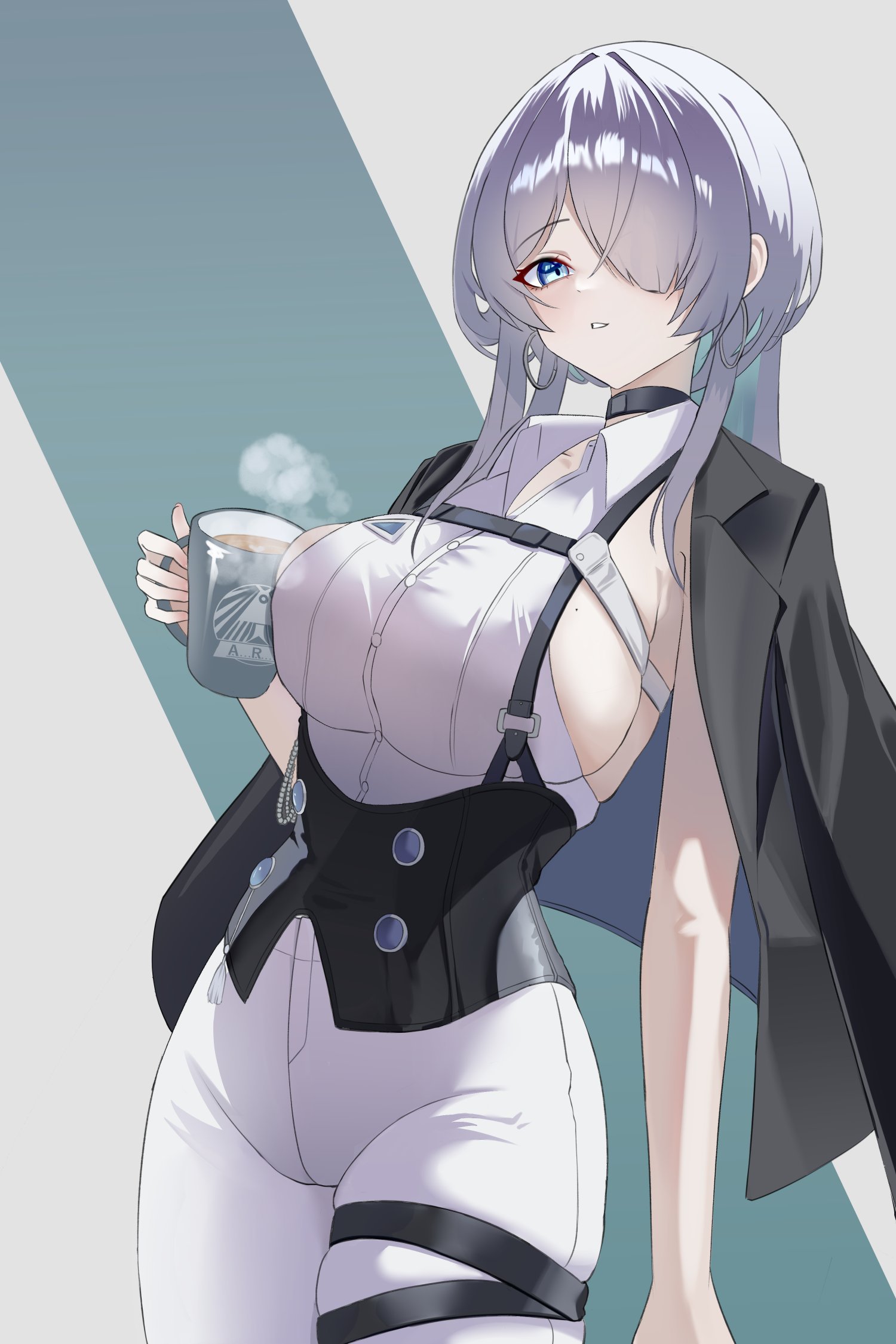 brid (nikke), brid (silent track) (nikke), goddess of victory: nikke, commentary, highres, 1girl, backless shirt, black choker, black corset, black jacket, blue eyes, breasts, chest harness, choker, coffee, coffee mug, collarbone, collared shirt, corset, cowboy shot, cup, earrings, floating earrings, grey hair, hair between eyes, hair down, hair over one eye, harness, holding, holding cup, jacket, jacket on shoulders, jewelry, kisi (kisicat0415), large breasts, long hair, looking at viewer, mug, official alternate costume, official alternate hairstyle, pants, parted lips, shirt, sideboob, sideless shirt, sidelocks, skindentation, sleeveless, sleeveless shirt, solo, standing, steam, thigh strap, tight clothes, tight pants, white pants, white shirt