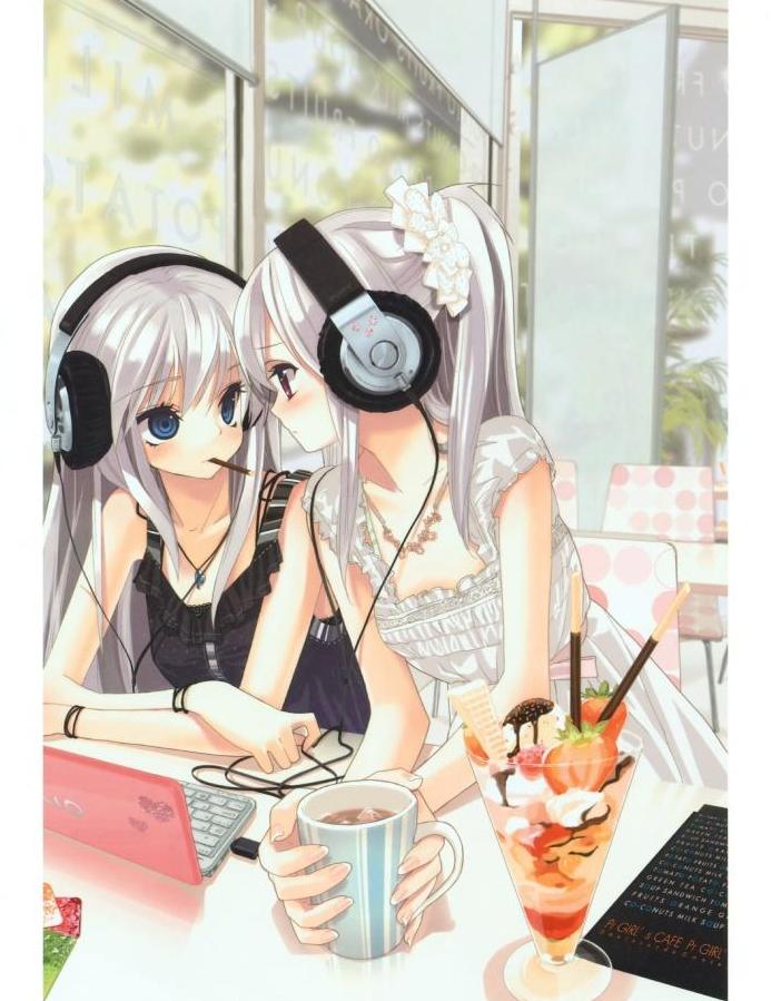 tsukigami runa, original, silver hair, artist request, jpeg artifacts, 2girls, bare shoulders, black dress, blue eyes, cafe, computer, computer keyboard, cup, dress, flower, food, hair flower, hair ornament, headphones, ice cream, jewelry, laptop, long hair, mouth hold, multiple girls, necklace, parfait, pocky, ponytail, red eyes, sitting, staring, sundae, white dress