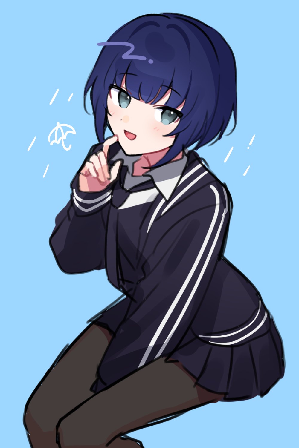 waka (wk4444), shiga riko, nijisanji, virtual talent academy, commentary request, highres, 1girl, black jacket, black necktie, black pantyhose, black shoes, black skirt, black sweater vest, blue background, blue eyes, blue hair, blush, bob cut, buttons, collared shirt, feet out of frame, finger to mouth, from above, invisible chair, jacket, looking at viewer, necktie, open clothes, open jacket, pantyhose, parted lips, pleated skirt, school uniform, shirt, shoes, short hair, sitting, skirt, smile, solo, sweater vest, virtual talent academy school uniform, virtual youtuber, white shirt