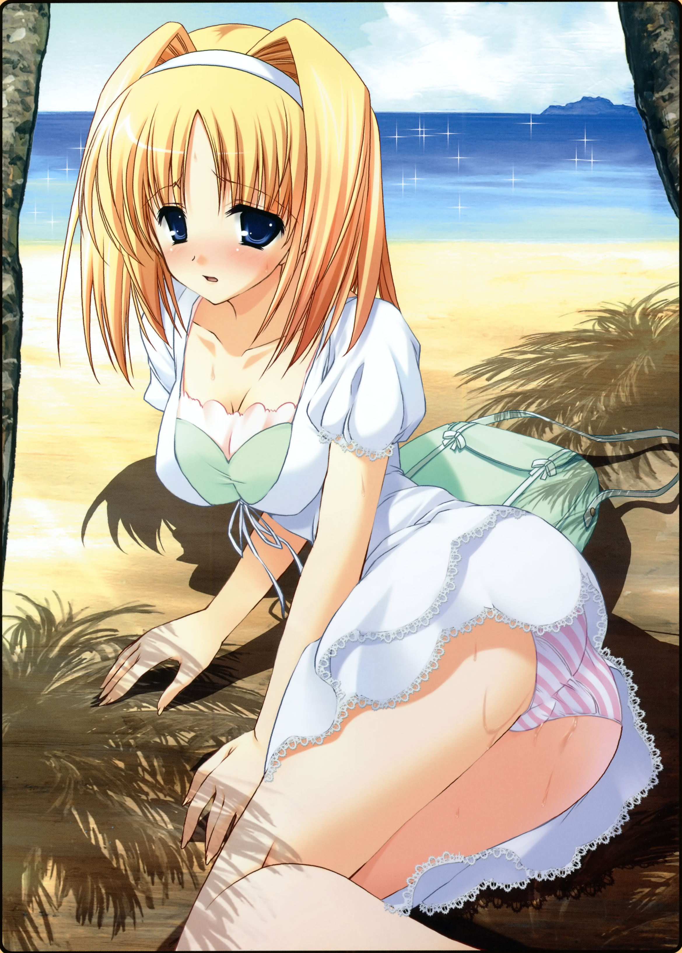misakura nankotsu, absurdres, highres, 1girl, beach, blonde hair, blue eyes, breasts, cleavage, day, dress, female focus, hairband, medium breasts, outdoors, panties, shadow, solo, sparkle, striped clothes, striped panties, sundress, underwear