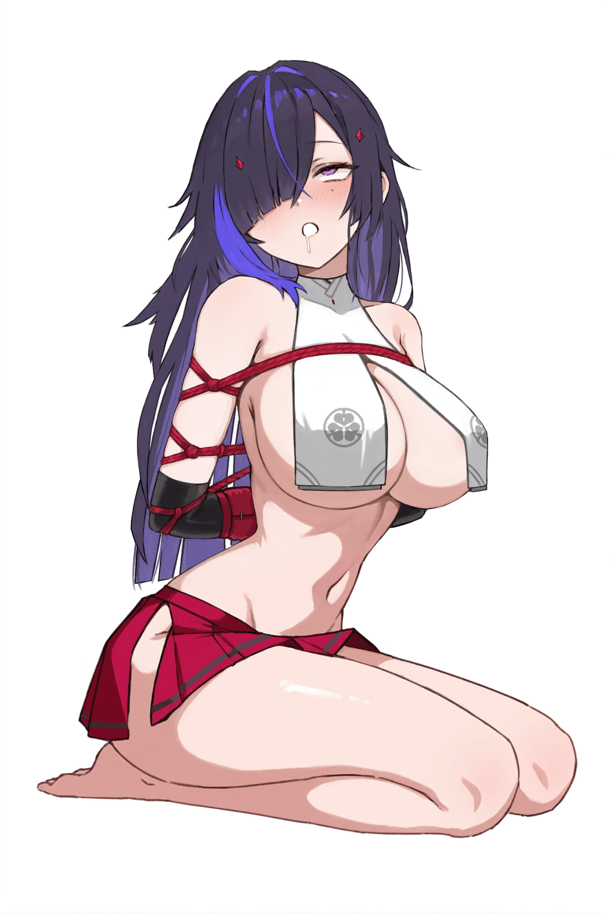 evil rat, chizuru (chaos zero nightmare), chaos zero nightmare, commentary, highres, 1girl, arms behind back, bare shoulders, barefoot, bdsm, black hair, blue hair, blush, bondage, bound, breast curtains, breasts, cleavage, clothing cutout, covered erect nipples, drooling, hair ornament, hakama, hakama short skirt, hakama skirt, japanese clothes, large breasts, miko, mole, mole under eye, multicolored hair, navel, one eye covered, purple eyes, red hakama, rolling eyes, shibari, sideboob, skirt, torogao