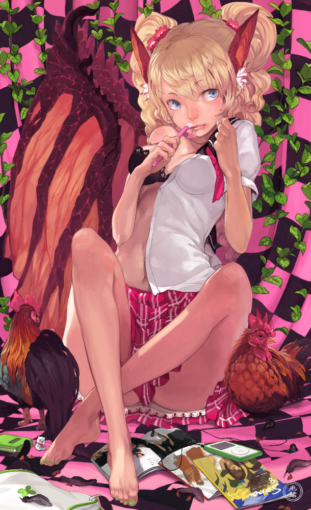 toro (konirio), original, looking away, 1girl, animal ears, asymmetrical wings, barefoot, bat ears, bat wings, bird, blonde hair, blue eyes, bra, breasts, brushing teeth, cat ears, chicken, feet, female focus, green nails, legs, lingerie, lips, medium breasts, mp3 player, nail polish, navel, open clothes, open shirt, pleated skirt, realistic, shaving, shirt, sitting, skirt, solo, toenail polish, toenails, toothbrush, underwear, wings