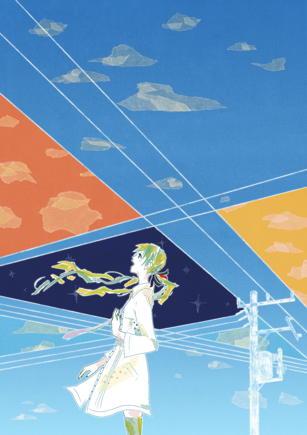 ryono, hatsune miku, vocaloid, highres, masking tape (medium), mixed media, textless version, traditional media, unconventional media, 1girl, :d, abstract, album cover, alternate costume, aqua hair, aqua necktie, blonde hair, blue eyes, blue sky, cloud, collared dress, cover, cowboy shot, dress, floating hair, from side, hair ribbon, hand up, long hair, long sleeves, looking up, low twintails, multicolored hair, necktie, open mouth, power lines, profile, ribbon, sky, smile, solo, thighhighs, twintails, utility pole, white dress, wide sleeves, world on color (vocaloid), zettai ryouiki