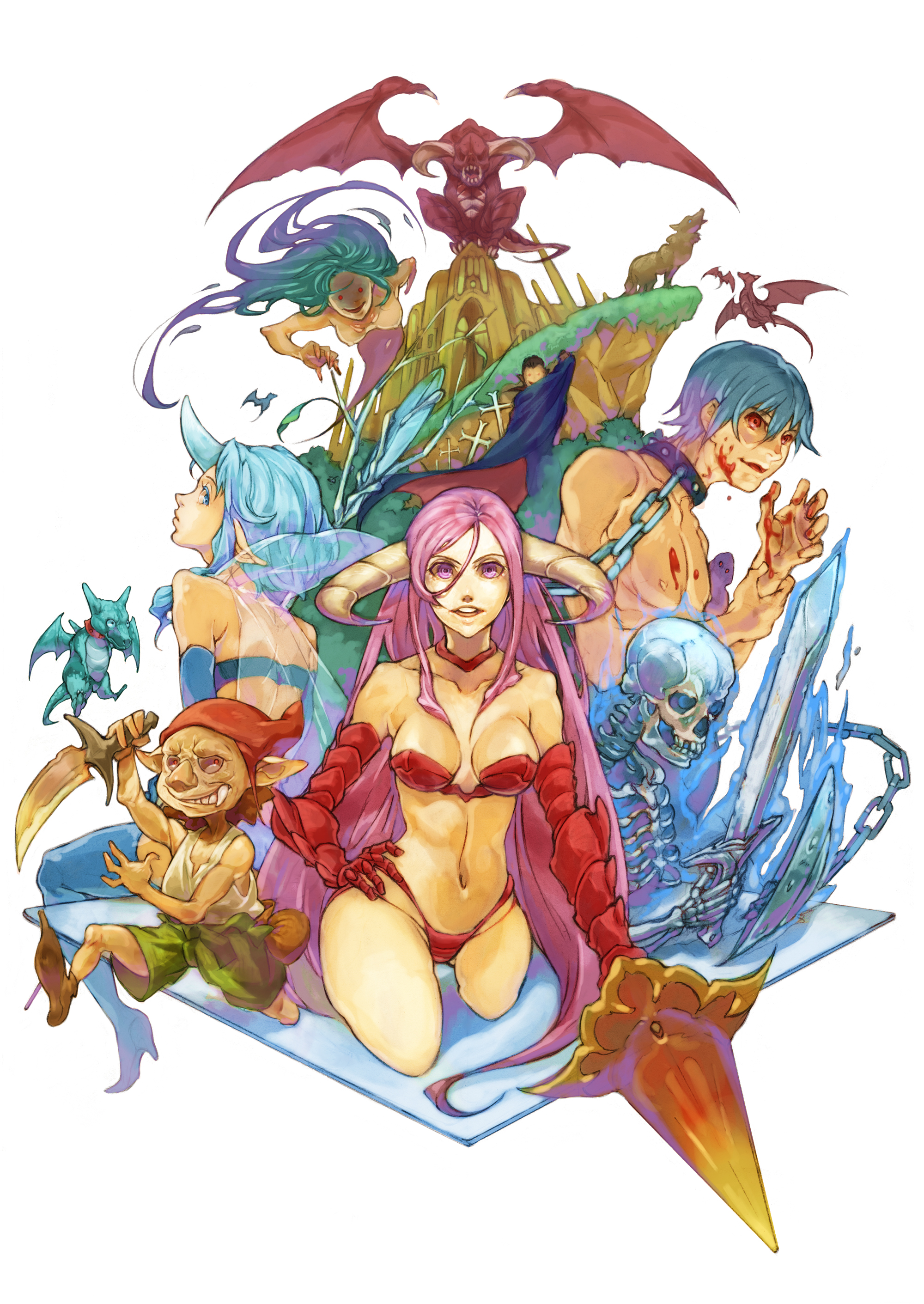 chris (dandelion), absurdres, bad id, bad pixiv id, highres, 2boys, 3girls, bat wings, blood, breasts, cleavage, collar, demon girl, dragon, everyone, gauntlets, gnome, horns, knife, midriff, multiple boys, multiple girls, pointy ears, skeleton, sword, weapon, wings