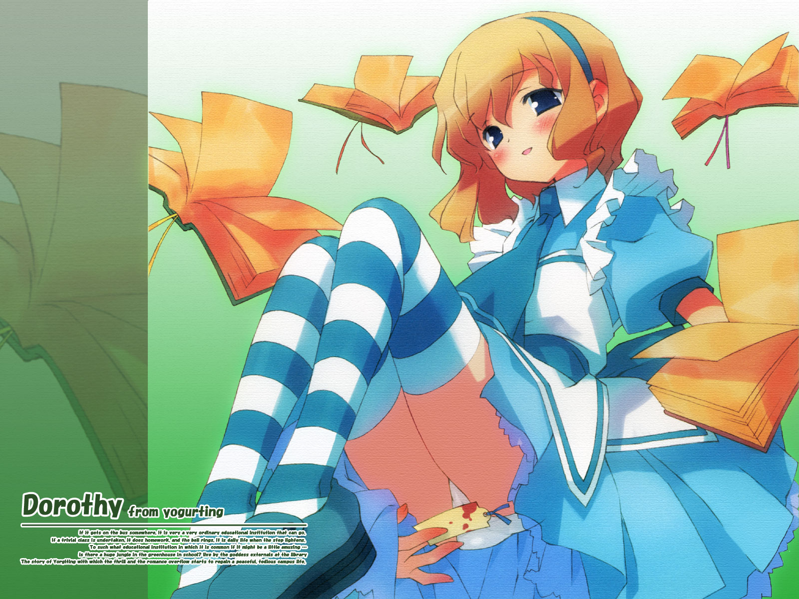 gayarou, dorothy (yogurting), yogurting, highres, 1girl, blonde hair, blood, blue eyes, blue hair, blush, book, bookmark, covering privates, dress, english text, engrish text, female focus, frills, hairband, matching hair/eyes, necktie, panties, pantyshot, ranguage, short hair, smile, solo, striped clothes, striped thighhighs, thighhighs, underwear, white panties