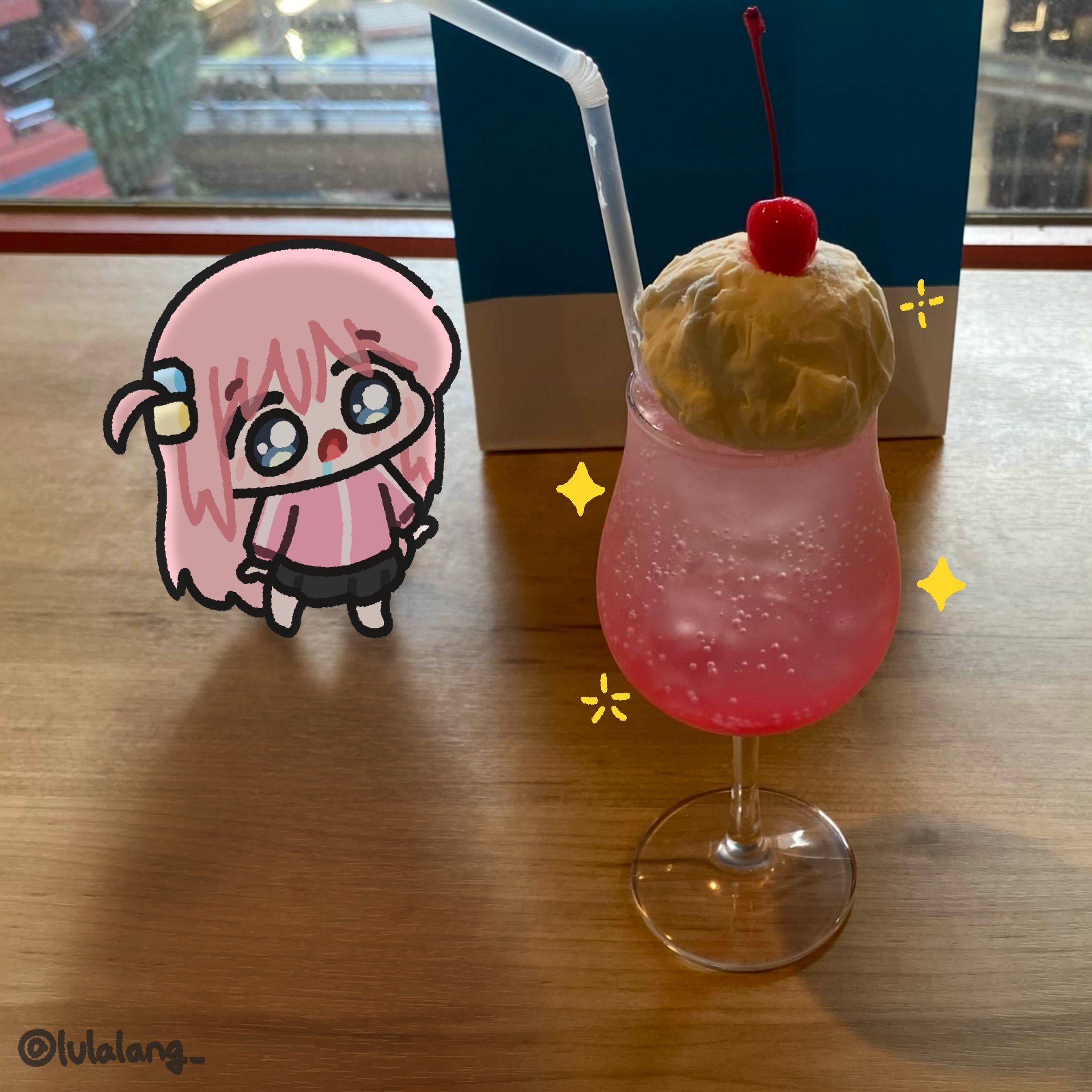 lulalang, gotoh hitori, bocchi the rock!, commentary, highres, photo (medium), symbol-only commentary, 1girl, black skirt, blue eyes, cherry, chibi, chibi only, cup, drinking glass, drinking straw, drooling, food, fruit, ice cream, ice cream float, jacket, long hair, looking at food, one side up, open mouth, photo background, pink hair, pink jacket, saliva, simple background, skirt, solo, standing, white background