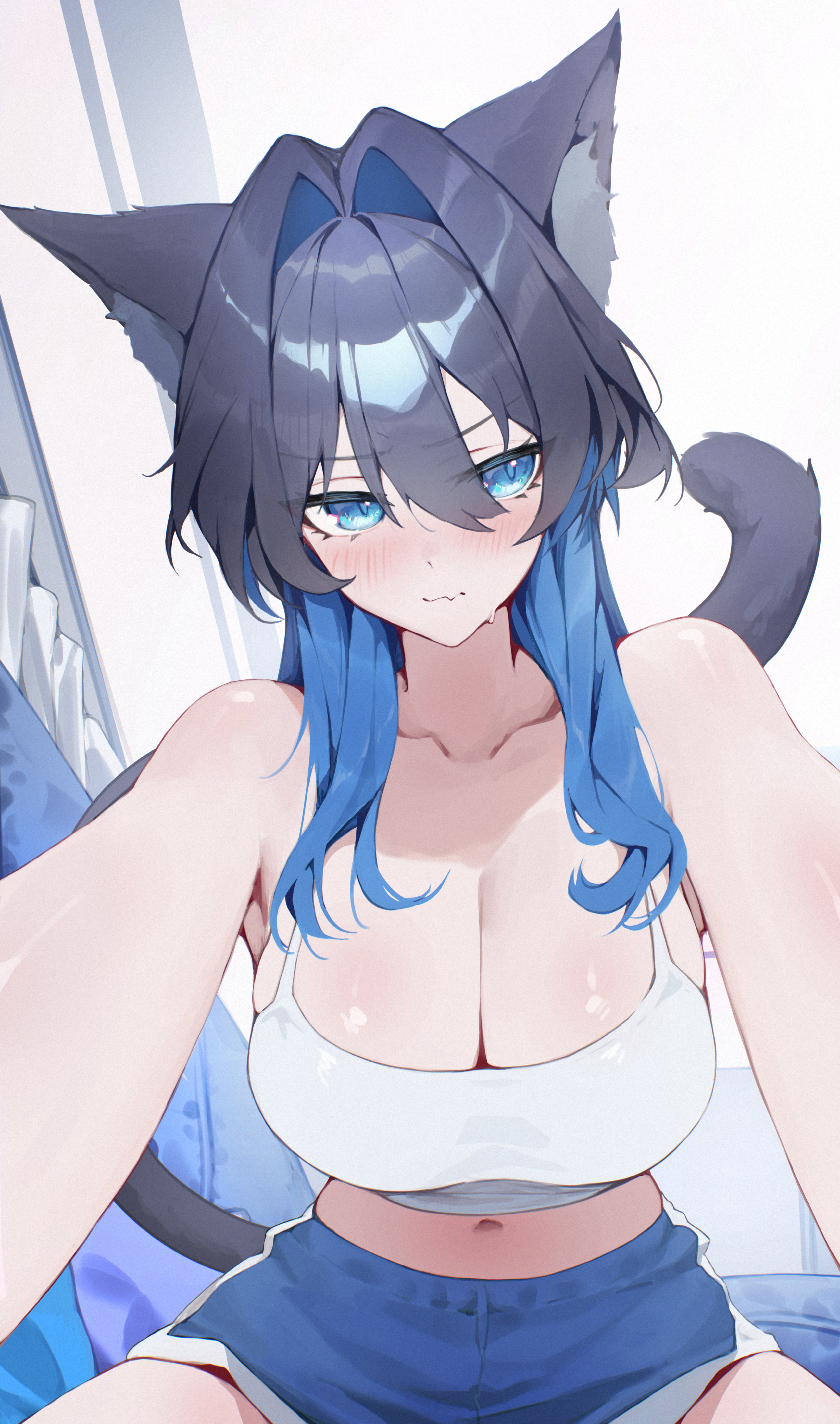 yoellim5, ouro kronii, hololive, hololive english, absurdres, commentary, highres, alternate costume, animal ears, averting eyes, bare arms, blue eyes, blue hair, blue shorts, blush, breasts, camisole, cat ears, cat girl, closed mouth, colored inner hair, crop top, double-parted bangs, fang, hair between eyes, hair intakes, large breasts, long hair, loungewear, midriff, multicolored hair, navel, official alternate hairstyle, outstretched arms, reaching, reaching towards viewer, short shorts, shorts, sitting, skin fang, virtual youtuber, white camisole, wolf cut