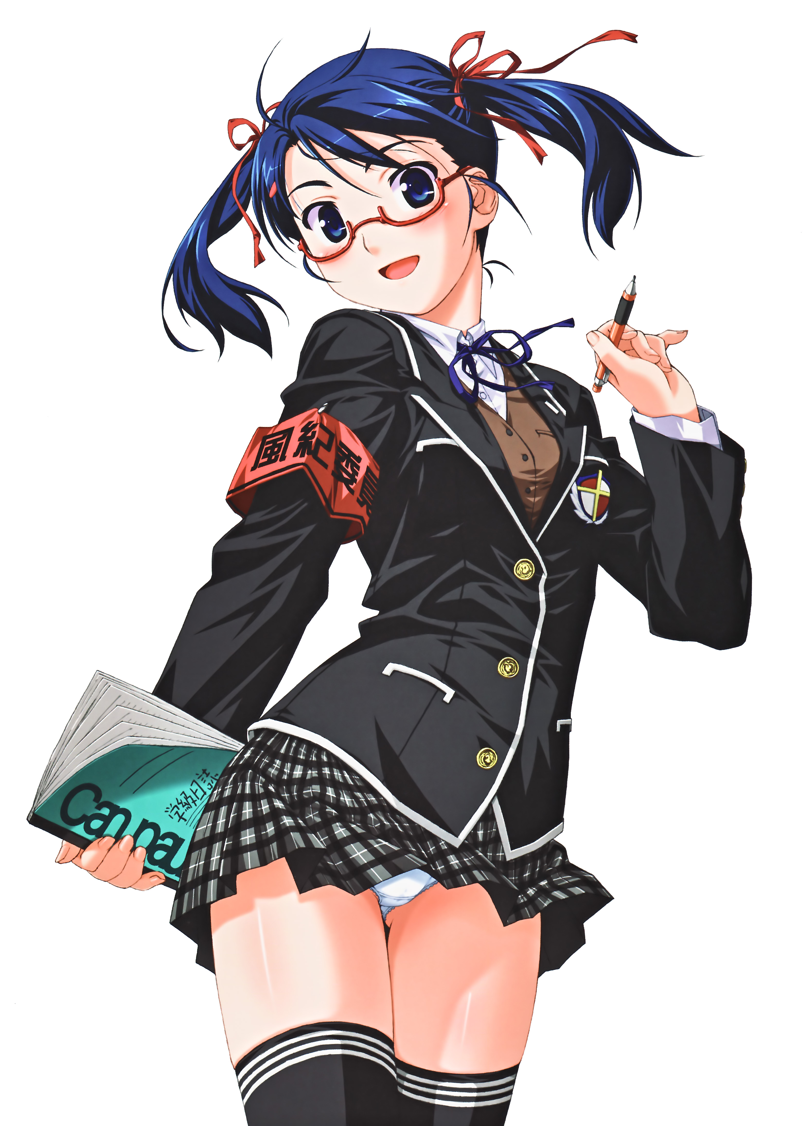 kuuchuu yousai, absurdres, character request, highres, source request, 1girl, armband, blue eyes, blue hair, blush, female focus, glasses, matching hair/eyes, notebook, panties, pantyshot, pen, school uniform, skirt, solo, standing, thighhighs, twintails, underwear, upskirt, white panties, wind, wind lift