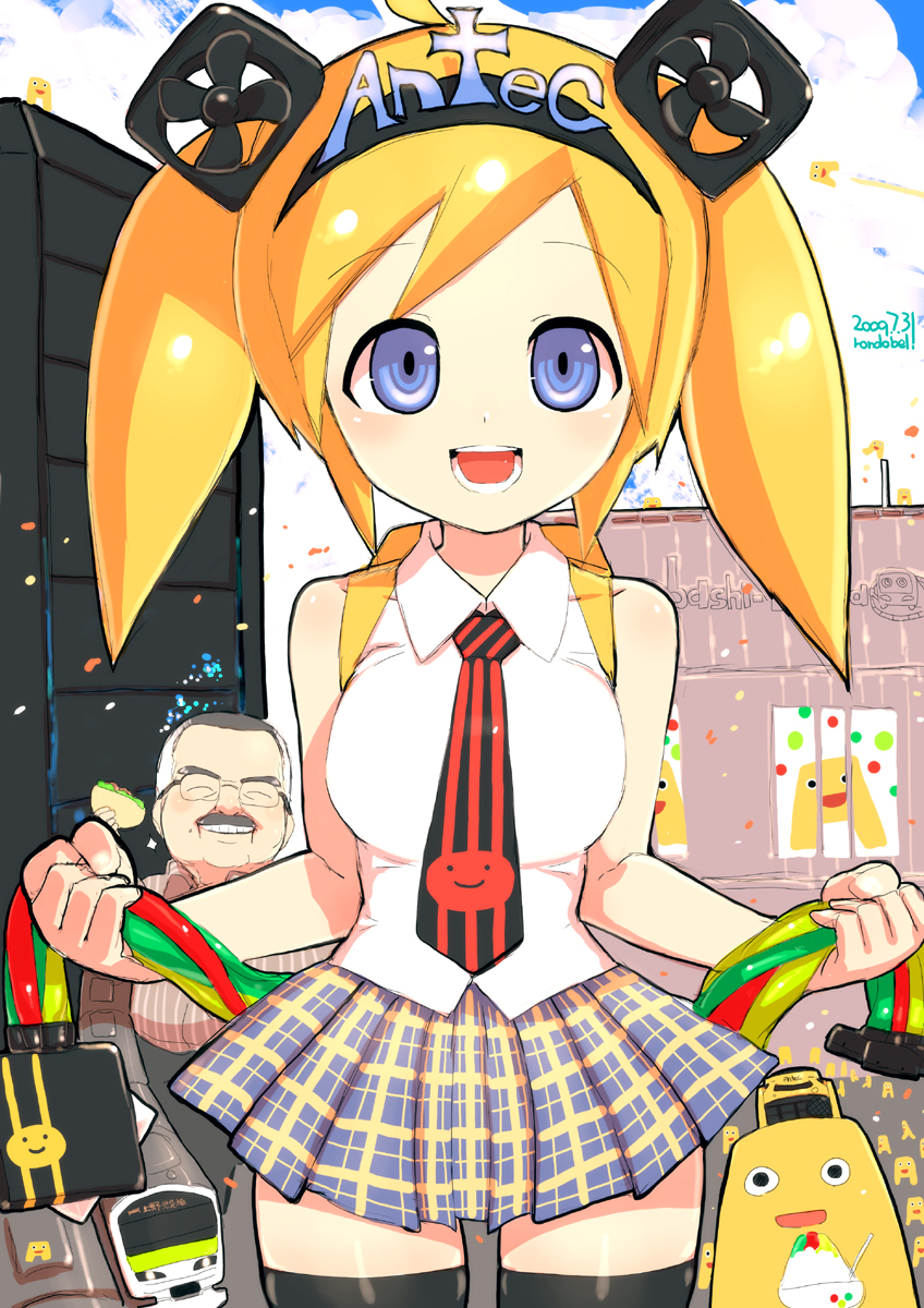 rondo bell, antecco, antec, bad id, bad pixiv id, highres, bare shoulders, blonde hair, blue eyes, necktie, plaid clothes, plaid skirt, skirt, solo, thighhighs, zettai ryouiki