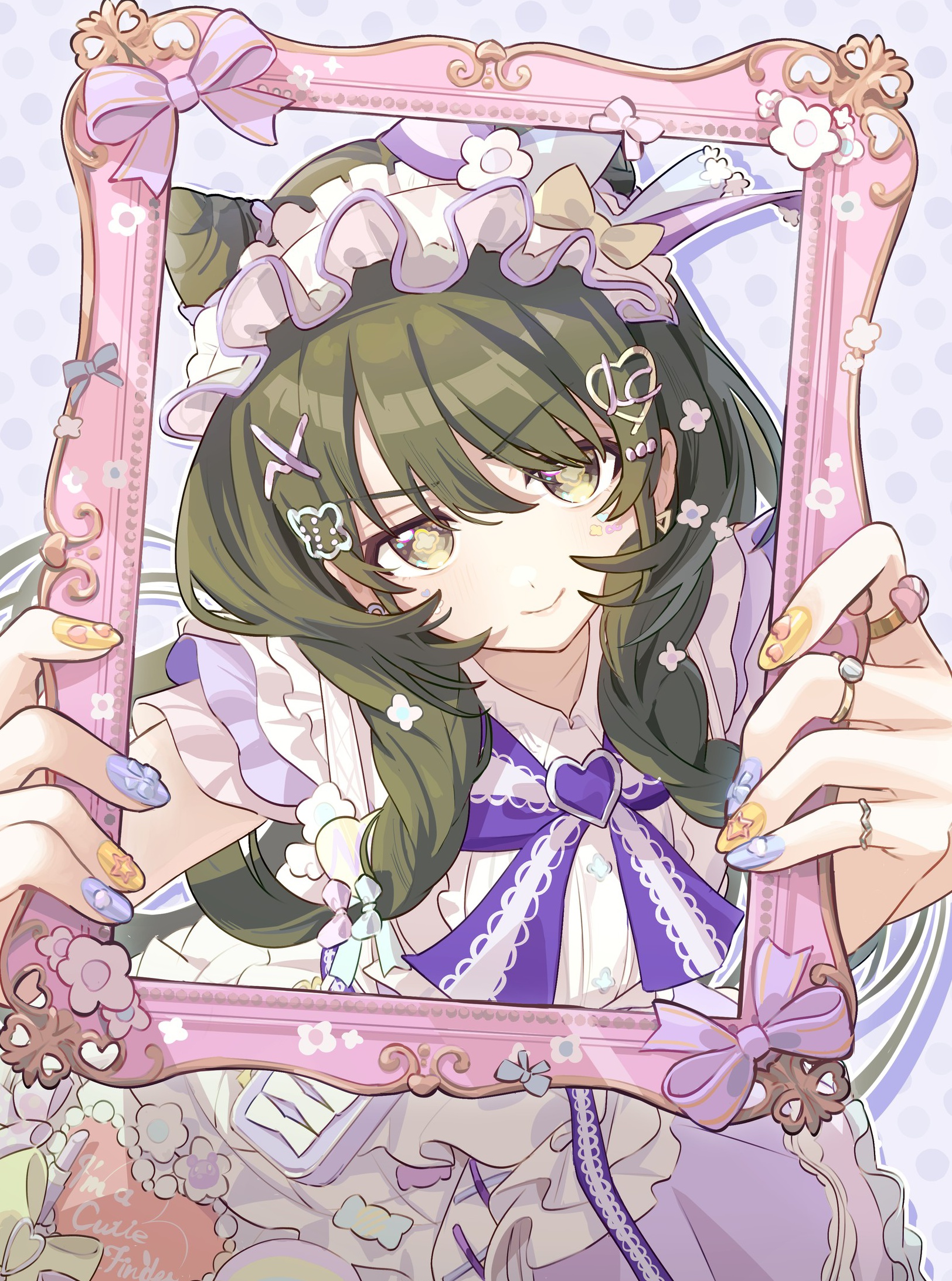 tanupon, nanakusa nichika, idolmaster, idolmaster shiny colors, commentary request, highres, 1girl, blue bow, blue bowtie, blush, bow, bowtie, braid, cone hair bun, fingernails, frilled hairband, frills, green hair, hair bun, hairband, holding, holding picture frame, jewelry, looking at viewer, multicolored nails, multiple rings, nail polish, picture frame, polka dot, polka dot background, ring, smile, solo, twin braids