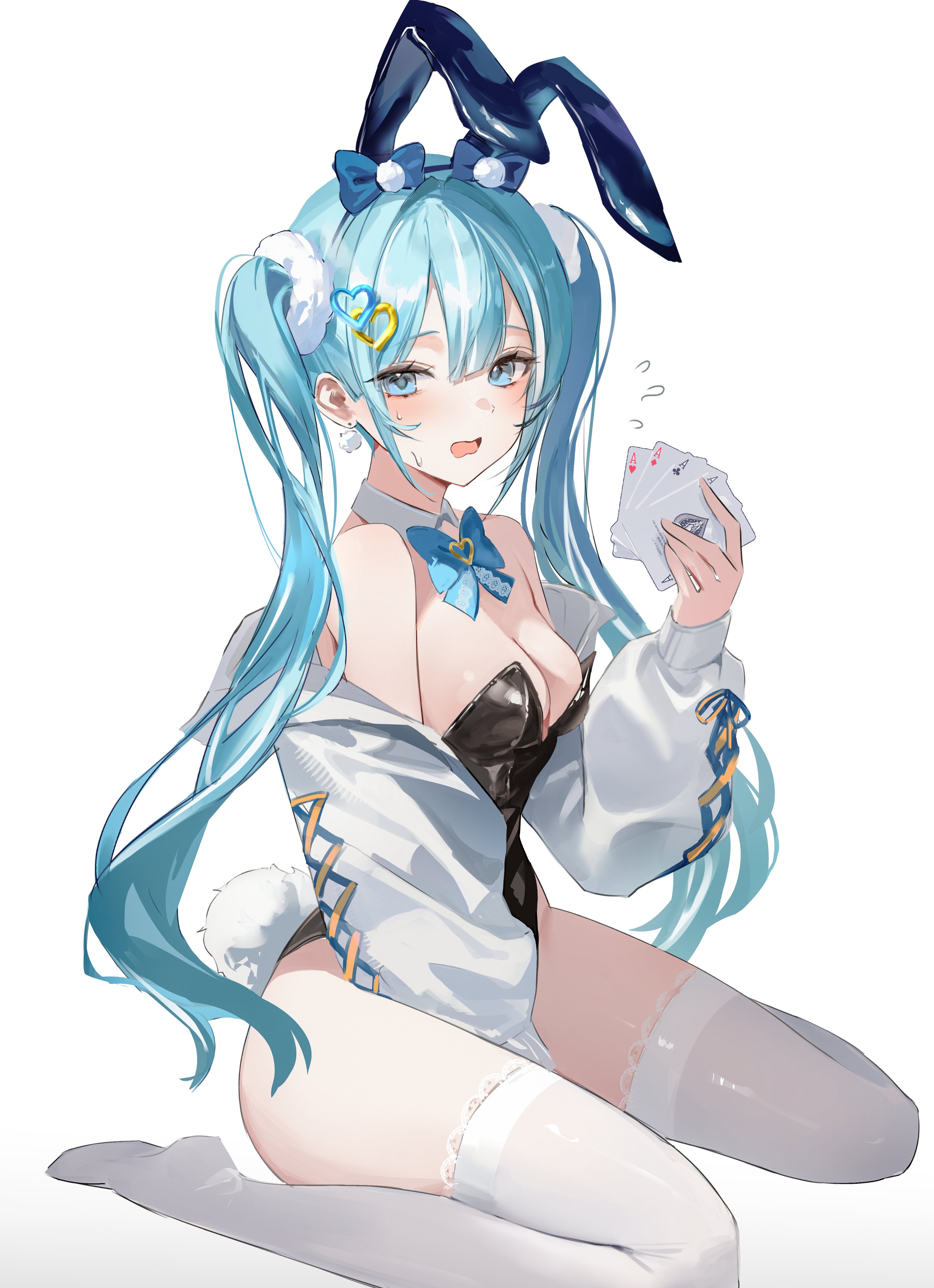 chaerom, arahashi tabi, stellive, absurdres, commentary, highres, 1girl, animal ears, bare shoulders, black leotard, blue bow, blue bowtie, blue eyes, blue hair, bow, bowtie, breasts, card, cleavage, detached collar, earrings, fake animal ears, fake tail, hair ornament, heart, heart hair ornament, holding, holding card, jewelry, leotard, long hair, looking at viewer, no shoes, open mouth, playboy bunny, rabbit ears, rabbit tail, simple background, sitting, solo, sweat, tail, thighhighs, twintails, virtual youtuber, wariza, white background, white thighhighs