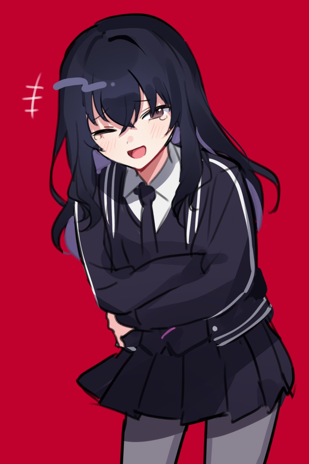waka (wk4444), kusakabe azusa, nijisanji, virtual talent academy, commentary request, highres, +++, 1girl, black hair, black jacket, black necktie, black skirt, black sweater vest, blush, buttons, collared shirt, cowboy shot, crossed bangs, furrowed brow, grey pantyhose, hands on own stomach, jacket, laughing, leaning forward, long hair, looking at viewer, necktie, one eye closed, open clothes, open jacket, open mouth, pantyhose, pleated skirt, red background, red eyes, school uniform, shirt, skirt, solo, standing, sweater vest, tearing up, virtual talent academy school uniform, virtual youtuber, white shirt