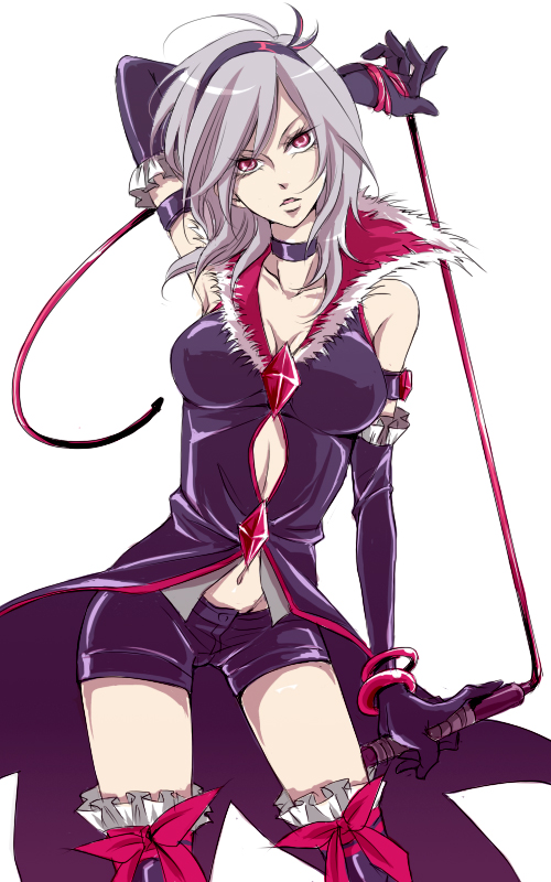 meguro, eas (fresh precure!), higashi setsuna, fresh precure!, precure, black neckwear, bad id, bad pixiv id, 00s, 1girl, black shorts, choker, collar, elbow gloves, eyelashes, female focus, gloves, grey hair, navel, red eyes, shorts, solo, thighhighs, whip