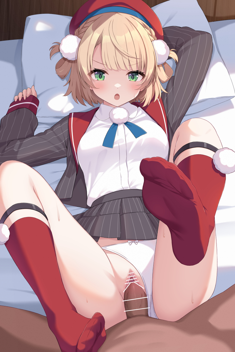 kurono yuzuko, shigure ui (vtuber), indie virtual youtuber, commentary, highres, paid reward available, textless version, 1boy, 1girl, bar censor, beret, blonde hair, blush, bow, bow panties, braid, breasts, censored, clothed female nude male, clothed sex, clothing aside, collared shirt, feet, green eyes, grey jacket, grey skirt, hair ornament, hair rings, hat, head on pillow, hetero, jacket, long sleeves, looking at viewer, lying, medium breasts, miniskirt, missionary, no shoes, nude, on back, on bed, open clothes, open jacket, open mouth, panties, panties aside, penis, pillow, pinstripe jacket, pinstripe pattern, pinstripe skirt, pom pom (clothes), pom pom hair ornament, pov, pov crotch, pussy, red hat, red sailor collar, red socks, sailor collar, sex, shirt, short hair, skirt, socks, soles, solo focus, striped clothes, striped jacket, striped skirt, underwear, v-shaped eyebrows, vaginal, vertical-striped clothes, vertical-striped jacket, vertical-striped skirt, white panties, white shirt