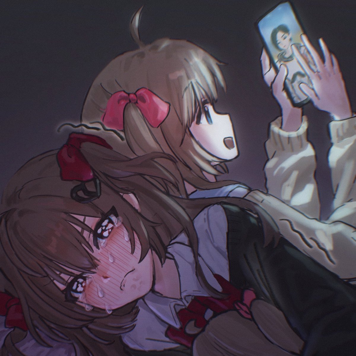 fiansand, evil neuro-sama, neuro-sama, commentary, commission, english commentary, highres, 2girls, ahoge, black cardigan, blue eyes, blue sailor collar, bow, bowtie, broken heart, broken heart hair ornament, brown hair, cardigan, closed mouth, crying, dress shirt, from behind, from side, fumo (doll), hair between eyes, hair ribbon, heart, holding, holding phone, indoors, long hair, multiple girls, off-shoulder cardigan, open mouth, phone, pink ribbon, red bow, red bowtie, ribbon, sailor collar, shirt, siblings, sisters, trembling, twins, two side up, vedal ai, virtual youtuber, white shirt, yellow cardigan