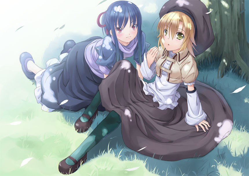 tenkuu nozora, original, bad id, bad pixiv id, 2girls, arm warmers, dappled sunlight, fantasy, grass, hat, mary janes, multiple girls, pantyhose, shade, shoes, short hair, sitting, sunlight, tree, tree shade, under tree