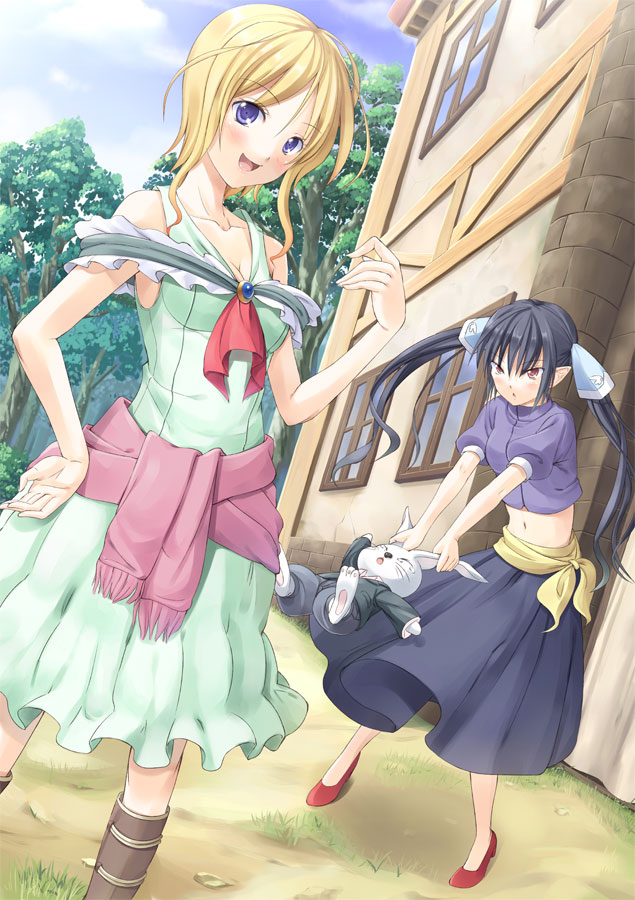 tenkuu nozora, bad id, bad pixiv id, 2girls, bare shoulders, blonde hair, boots, dress, fantasy, grabbing another's ear, hand on own hip, holding by the ears, midriff, multiple girls, navel, open mouth, pointy ears, rabbit, red eyes, shoes, smile, tree, twintails