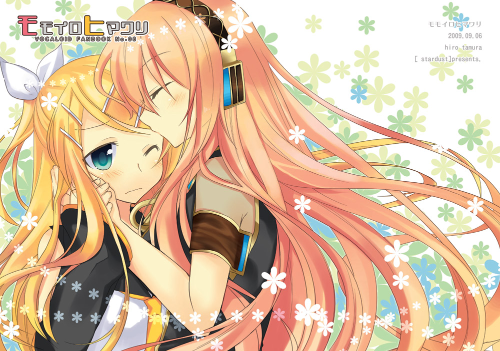 tamura hiro, kagamine rin, kagamine rin (future style), megurine luka, vocaloid, bad id, bad pixiv id, 2girls, age difference, alternate hairstyle, blonde hair, blue eyes, blush, child, closed eyes, embarrassed, frown, hug, kiss, kissing forehead, long hair, multiple girls, one eye closed, onee-loli, pink hair, wink, yuri