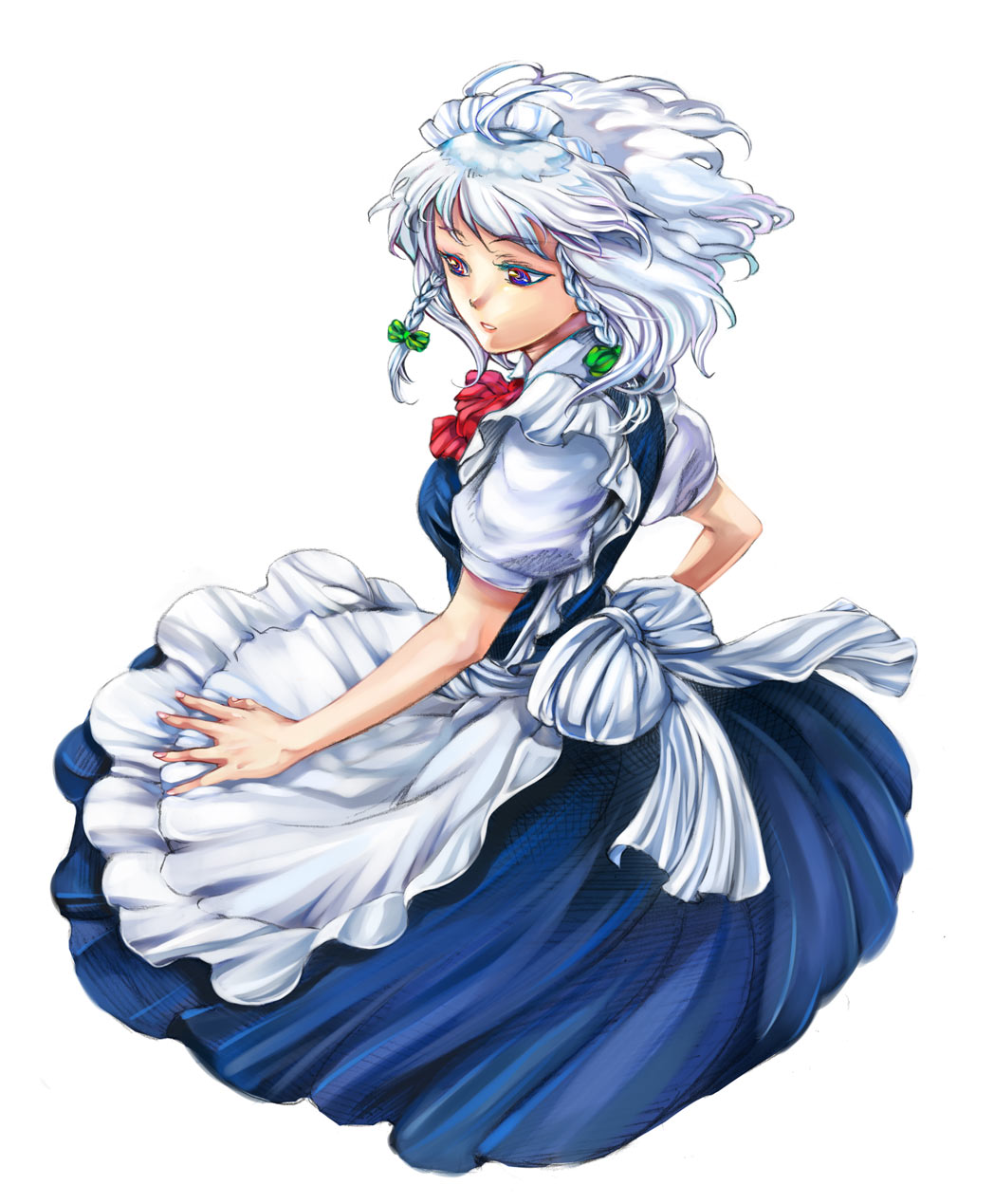 ashi ho, ashi ho (mm2), izayoi sakuya, touhou, silver hair, bad id, bad pixiv id, highres, 1girl, braid, female focus, maid, maid headdress, red eyes, short hair, solo, twin braids