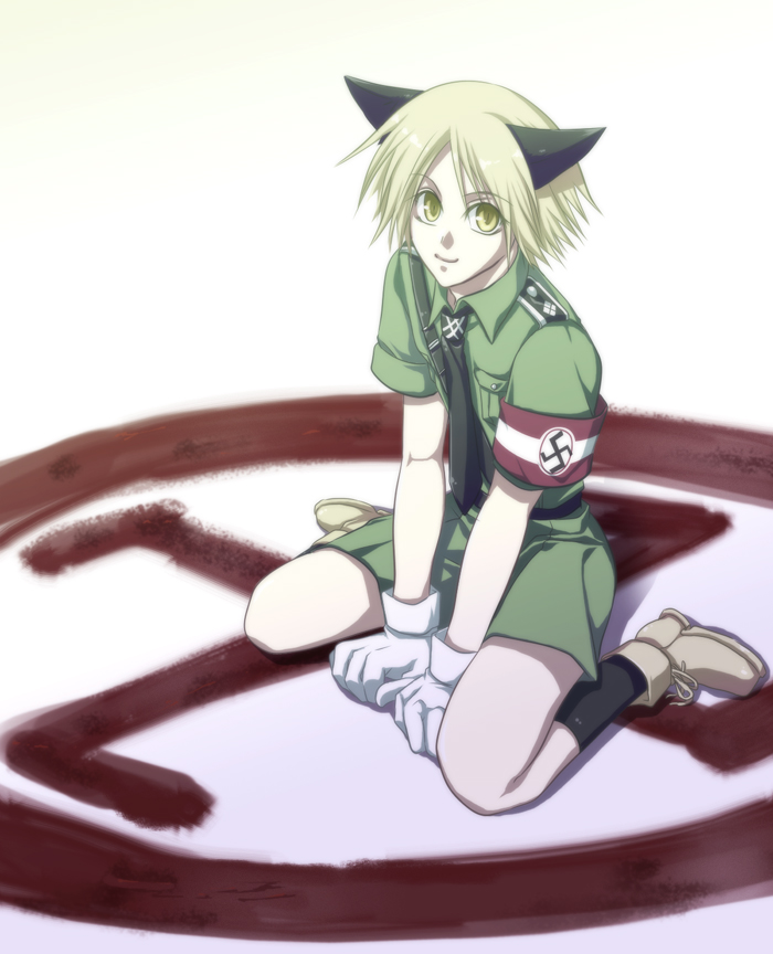 killingrock, schroedinger (hellsing), hellsing, bad id, bad pixiv id, 1boy, animal ears, blonde hair, cat boy, cat ears, full body, gloves, male focus, nazi, short hair, shorts, smile, solo, swastika, yellow eyes