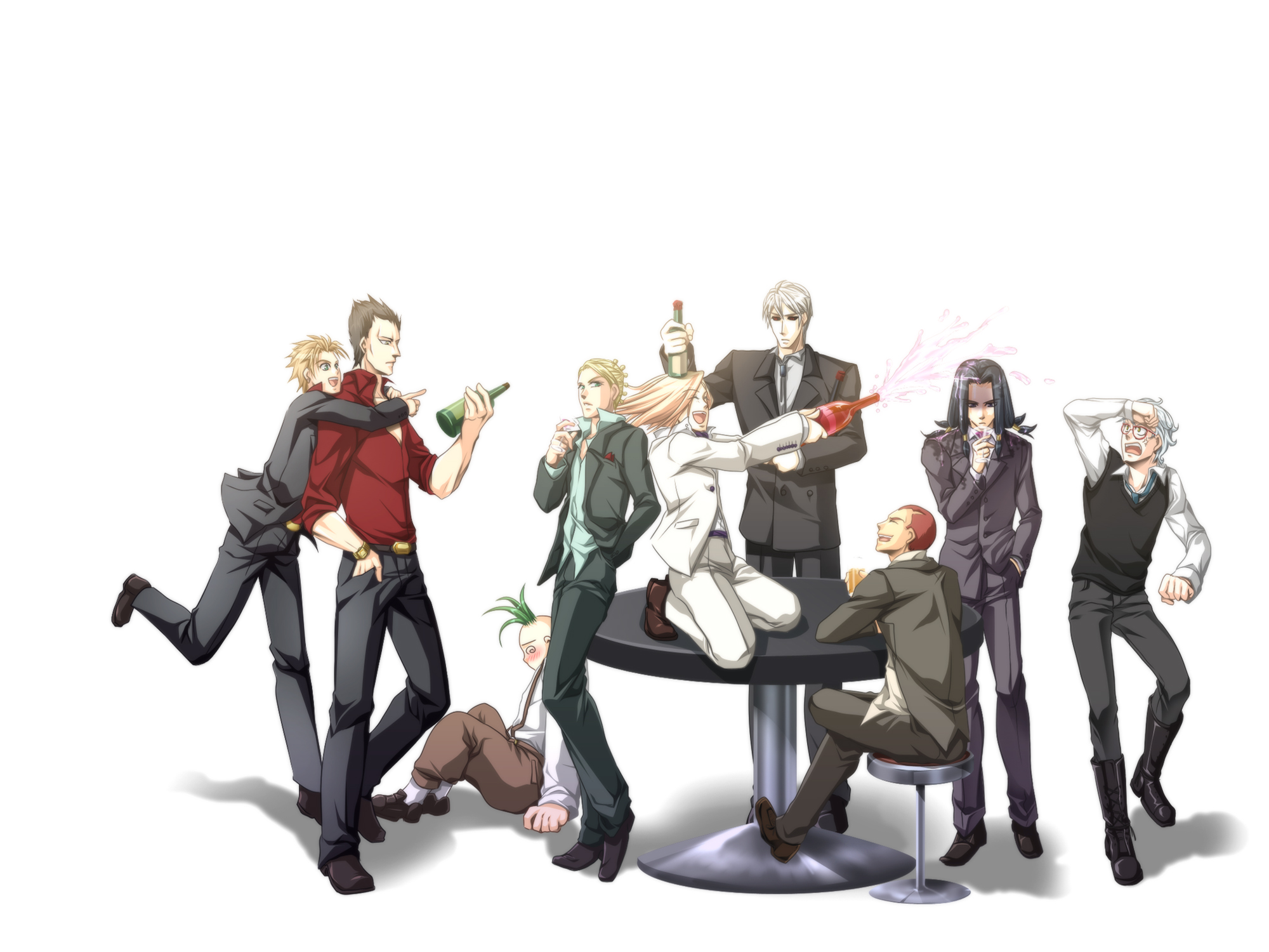 killingrock, formaggio, gelato (jojo), ghiaccio, illuso, melone, pesci, prosciutto (jojo), risotto nero, sorbet (jojo), jojo no kimyou na bouken, vento aureo, bad id, bad pixiv id, highres, 6+boys, black sclera, bottle, colored sclera, everyone, male focus, multiple boys, table