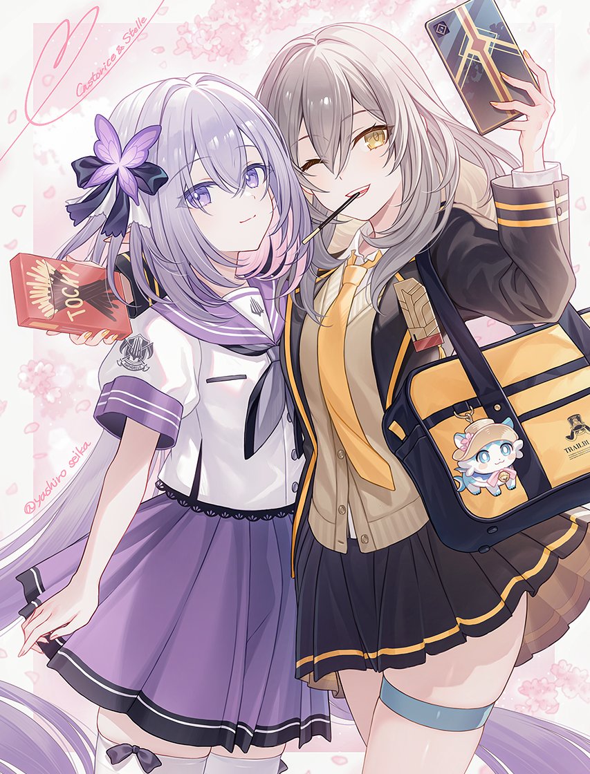 yashiro seika, castorice (honkai: star rail), stelle (honkai: star rail), trailblazer (honkai: star rail), honkai: star rail, honkai (series), commentary request, 2girls, alternate costume, bag, black skirt, bow, closed mouth, food, food in mouth, grey hair, hair between eyes, hair bow, jacket, long hair, long sleeves, monochrome, mouth hold, multiple girls, neckerchief, open clothes, open jacket, open mouth, pocky, pocky in mouth, purple eyes, purple hair, purple sailor collar, purple skirt, sailor collar, school bag, school uniform, short sleeves, skirt, smile, standing, thigh strap, thighhighs, twitter username, very long hair, white thighhighs, yellow eyes, zettai ryouiki