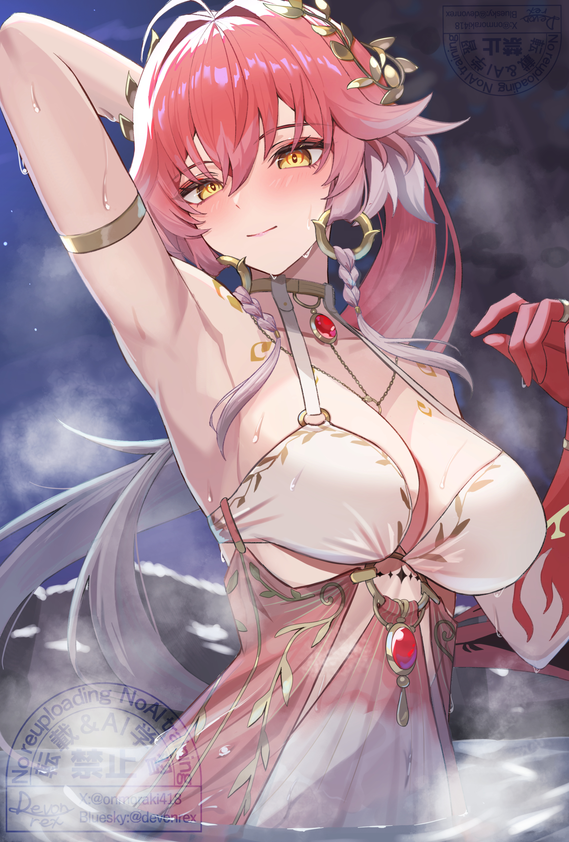 devonrex, changli (laurel nymph) (wuthering waves), changli (wuthering waves), wuthering waves, absurdres, commentary request, highres, 1girl, ahoge, arm behind head, arm up, armlet, armpits, blush, body markings, braid, breasts, cleavage, closed mouth, colored extremities, dress swimsuit, hair between eyes, hair extensions, hair intakes, jewelry, large breasts, laurel crown, long hair, looking at viewer, multicolored hair, official alternate costume, pink hair, ponytail, red hands, ring hair extensions, smile, solo, tacet mark (wuthering waves), twin braids, two-tone hair, watermark, wet, white hair, yellow eyes