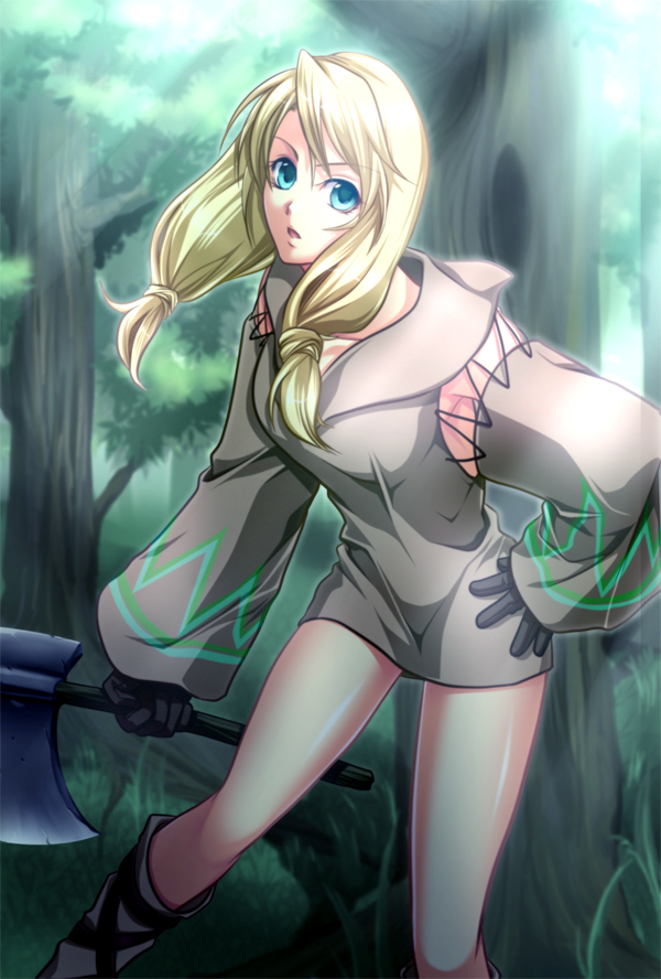 killingrock, geomancer (fft), final fantasy, final fantasy tactics, bad id, bad pixiv id, 1girl, axe, blonde hair, blue eyes, female focus, forest, gloves, nature, outdoors, skirt, solo, twintails, weapon