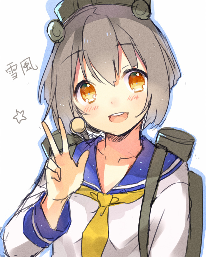 yuraiko, yukikaze (kancolle), kantai collection, commentary request, 1girl, blue sailor collar, blush, brown hair, character name, dress, hair between eyes, headgear, long sleeves, looking at viewer, neckerchief, open mouth, sailor collar, sailor dress, short hair, simple background, sketch, smile, solo, star (symbol), teeth, upper body, upper teeth only, w, white background, white dress, yellow neckerchief