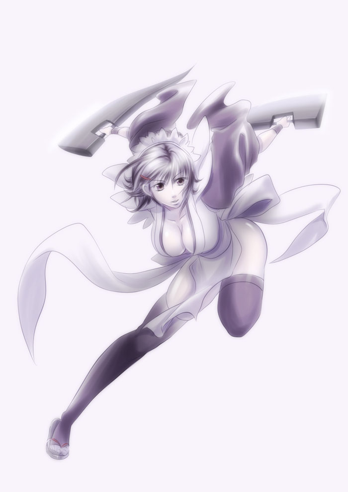 killingrock, iroha (samurai spirits), samurai spirits, snk, bad id, bad pixiv id, 1girl, black hair, breasts, butterfly swords, cleavage, female focus, hair ornament, japanese clothes, large breasts, short hair, solo, thighhighs