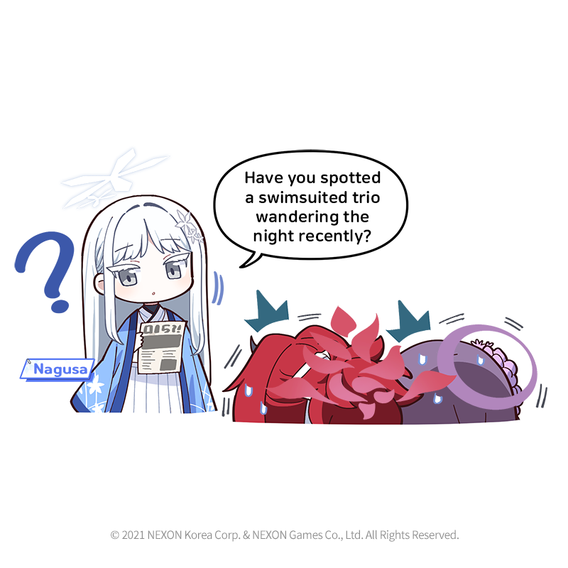 donmin h, nagusa (blue archive), renge (blue archive), yukari (blue archive), blue archive, commentary, english commentary, official art, 3girls, ?, character name, chibi, english text, flower, grey eyes, grey hair, hair flower, hair ornament, halo, holding, horns, japanese clothes, long sleeves, motion lines, multiple girls, nervous sweating, no nose, parted lips, pleated skirt, purple flower, purple hair, purple halo, red hair, red halo, single horn, skirt, speech bubble, sweat