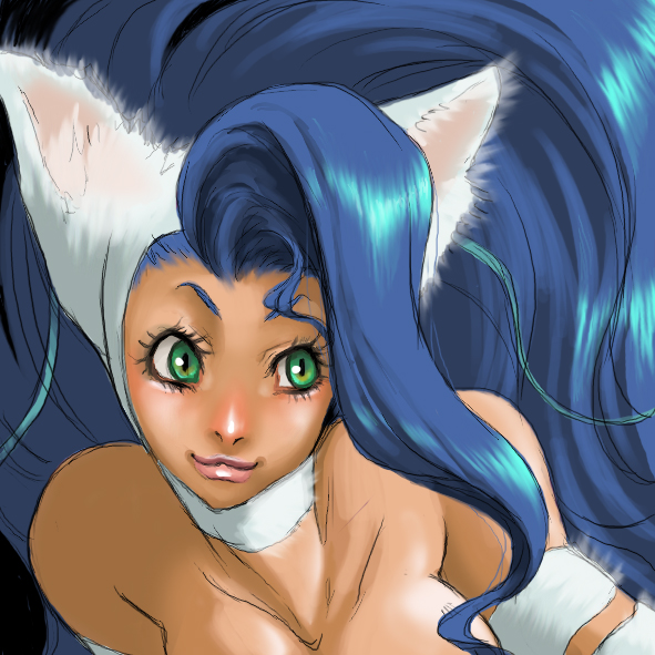 miruhito (sakiomiruhito), miruhito sakio, felicia (darkstalkers), capcom, darkstalkers, 1girl, animal ears, big hair, blue hair, cat ears, female focus, green eyes, long hair, smile, solo