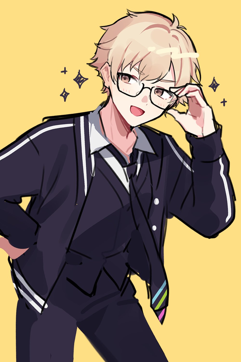 waka (wk4444), mikoshiba jin, nijisanji, virtual talent academy, commentary request, highres, 1boy, adjusting eyewear, black-framed eyewear, black jacket, black necktie, black pants, black sweater vest, blonde hair, blush, brown eyes, buttons, collared shirt, cowboy shot, glasses, hand on own hip, jacket, male focus, necktie, open clothes, open jacket, open mouth, pants, school uniform, shirt, short hair, simple background, solo, sparkle, standing, sweater vest, v-shaped eyebrows, virtual talent academy school uniform, virtual youtuber, white shirt, yellow background