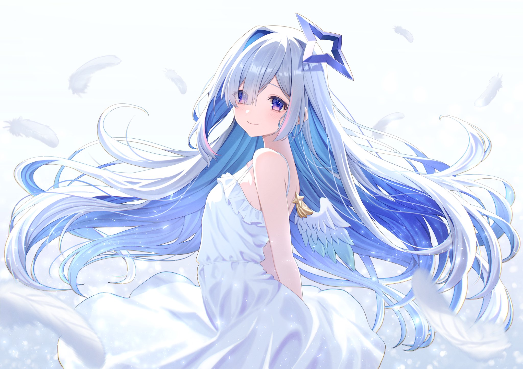 nametakeko, amane kanata, hololive, commentary request, highres, 1girl, angel wings, arms behind back, bare arms, blue hair, blue halo, blue wings, closed mouth, colored inner hair, dress, falling feathers, feathered wings, feathers, floating hair, frilled dress, frills, gradient wings, grey hair, hair over one eye, halo, long hair, looking at viewer, mini wings, multicolored hair, multicolored wings, official alternate hair length, official alternate hairstyle, pink streaks, purple eyes, sad smile, simple background, single hair intake, sleeveless, sleeveless dress, smile, solo, spaghetti strap, star halo, streaked hair, tilted halo, very long hair, virtual graduation commemoration, virtual youtuber, white background, white dress, white wings, wings
